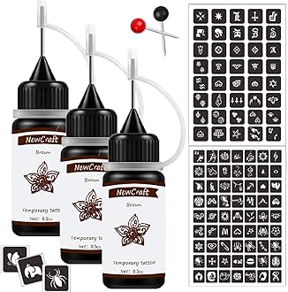 3 Packs Brown Temporary Tattoo Ink and Stencils for Adults Teens Kids, Temporary Tattoo Kit Skin Friendly