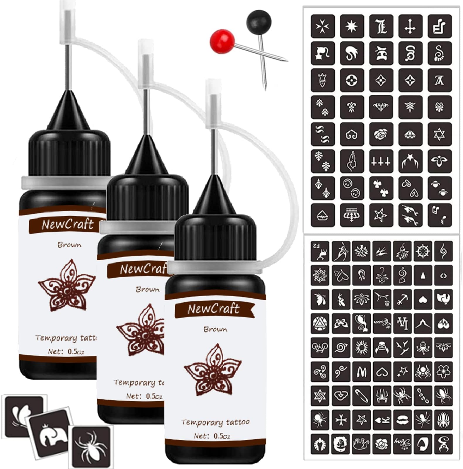 3 Packs Brown Temporary Tattoo Ink and Stencils for Adults Teens Kids, Temporary Tattoo Kit Skin Friendly