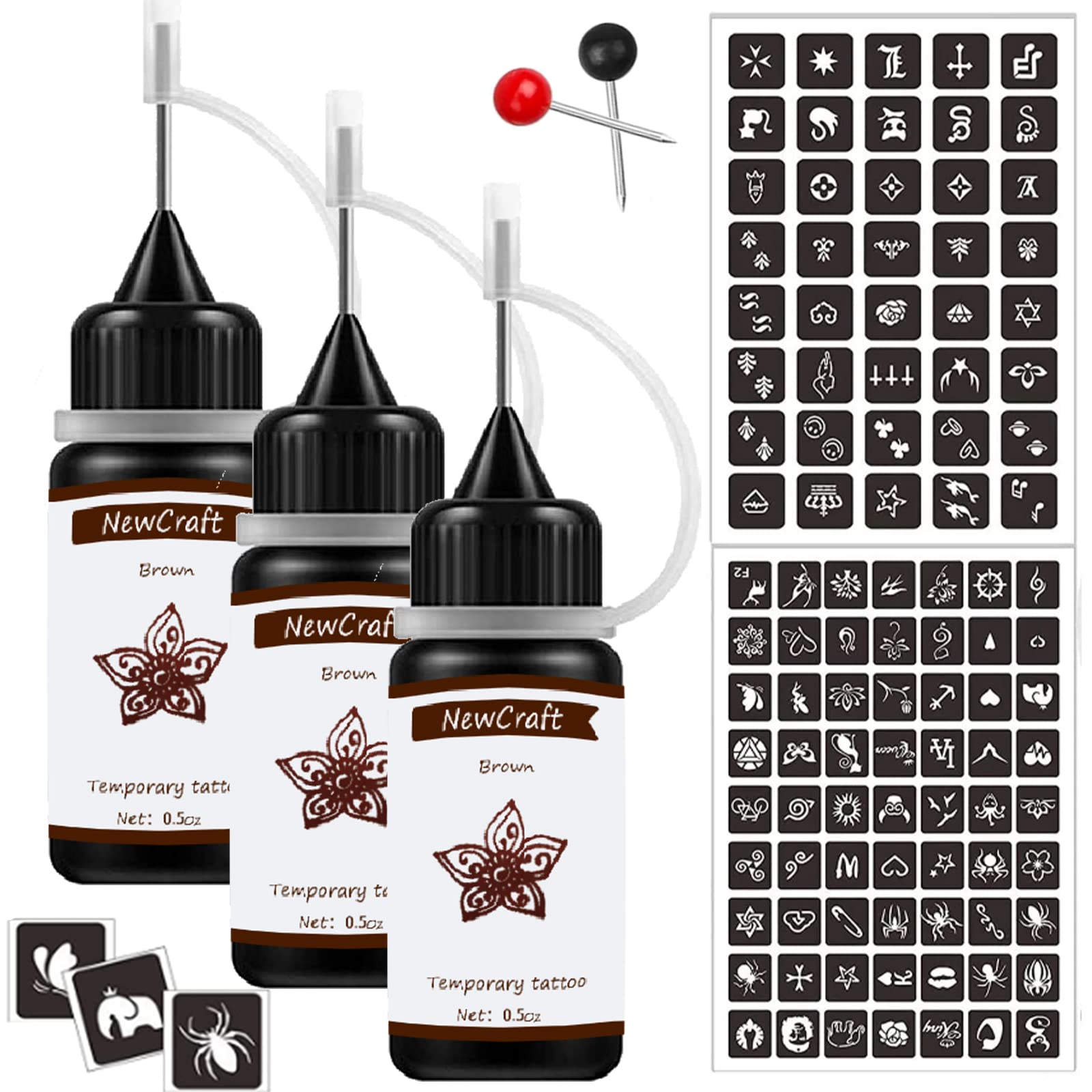 3 Packs Brown Temporary Tattoo Ink and Stencils for Adults Teens Kids, Temporary Tattoo Kit Skin Friendly