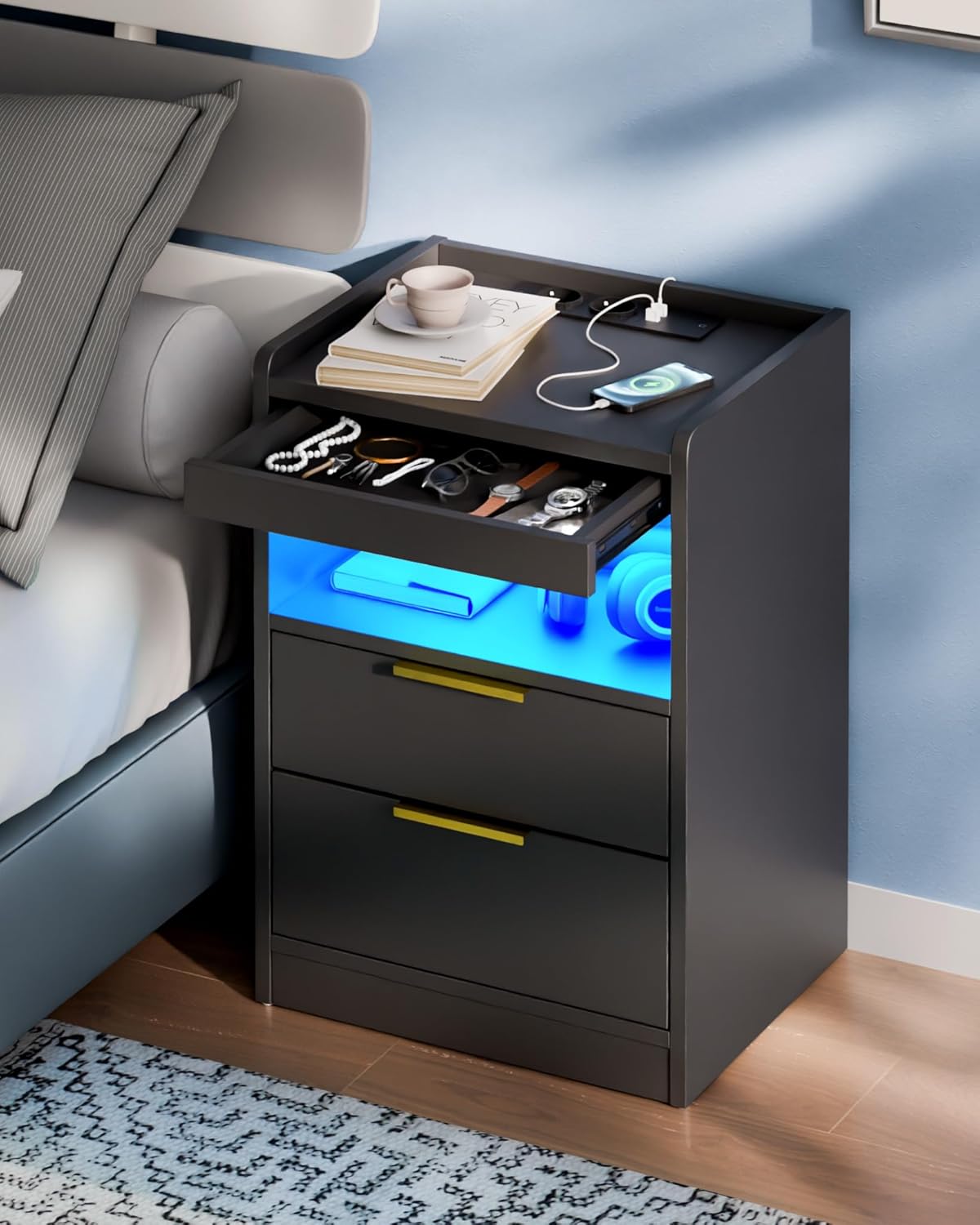 Night Stand with Hidden Compartment, Black LED Nightstand with USB/Type-C Charging Station, Modern Bedside Table with 3 Drawers, for Bedroom Office,13.8" D x 15.7" W x 23.6" H