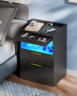 Mondeer Nachttisch LED mit Versteckte Schublade, Nachtschrank mit USB-Anschlüssen & Steckdosen, für Schlafzimmer Wohnzimmer Büro, 60 x 40 x 35 cm (Schwarz)