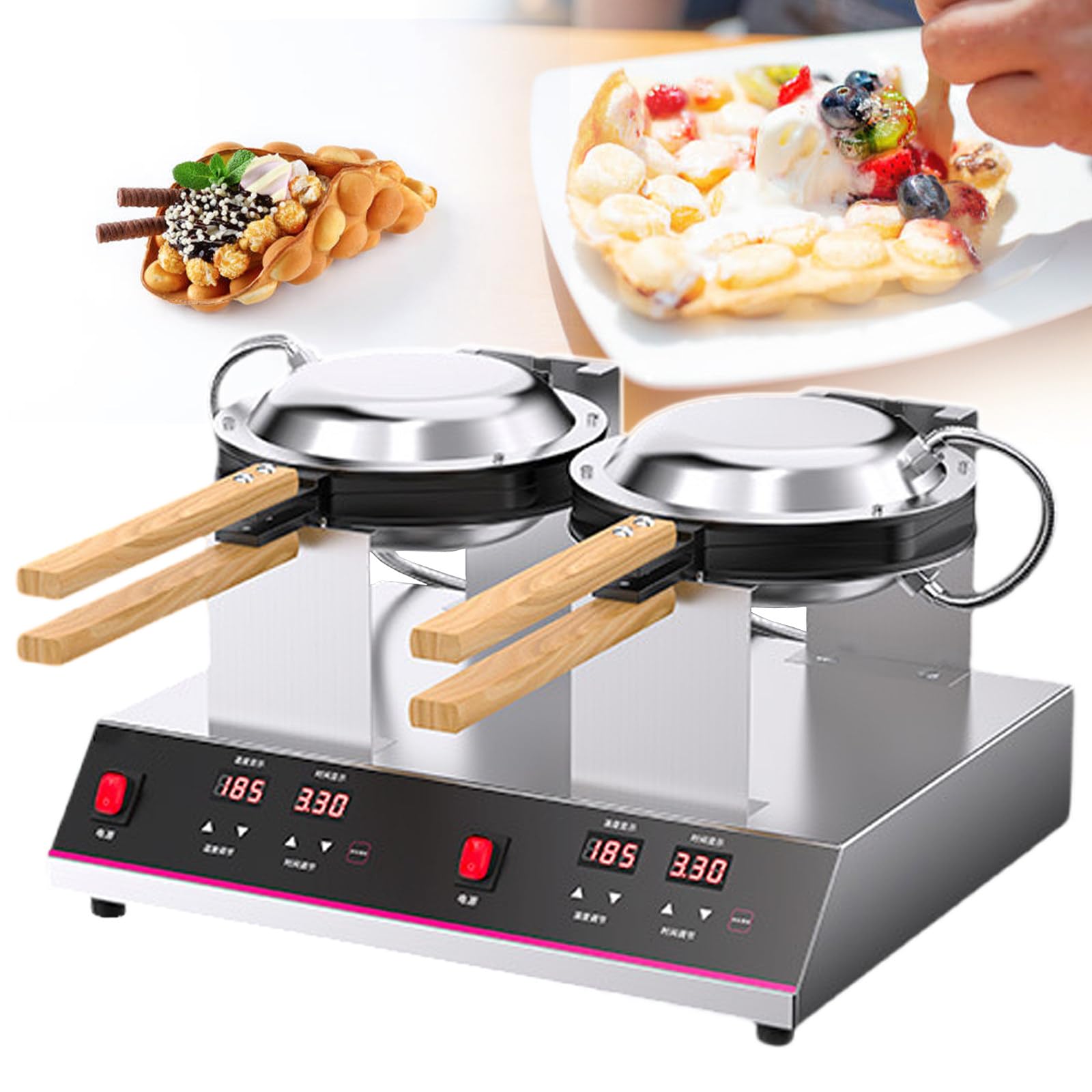 Waflera De Huevo De 1400 W Con Calentamiento Por Ambos Lados,Bandeja Profesional Para Wafles De Comida Callejera,Rotación De 180°,Pantalla Digital Con Temperatura Y Temporizador,DoubleHead