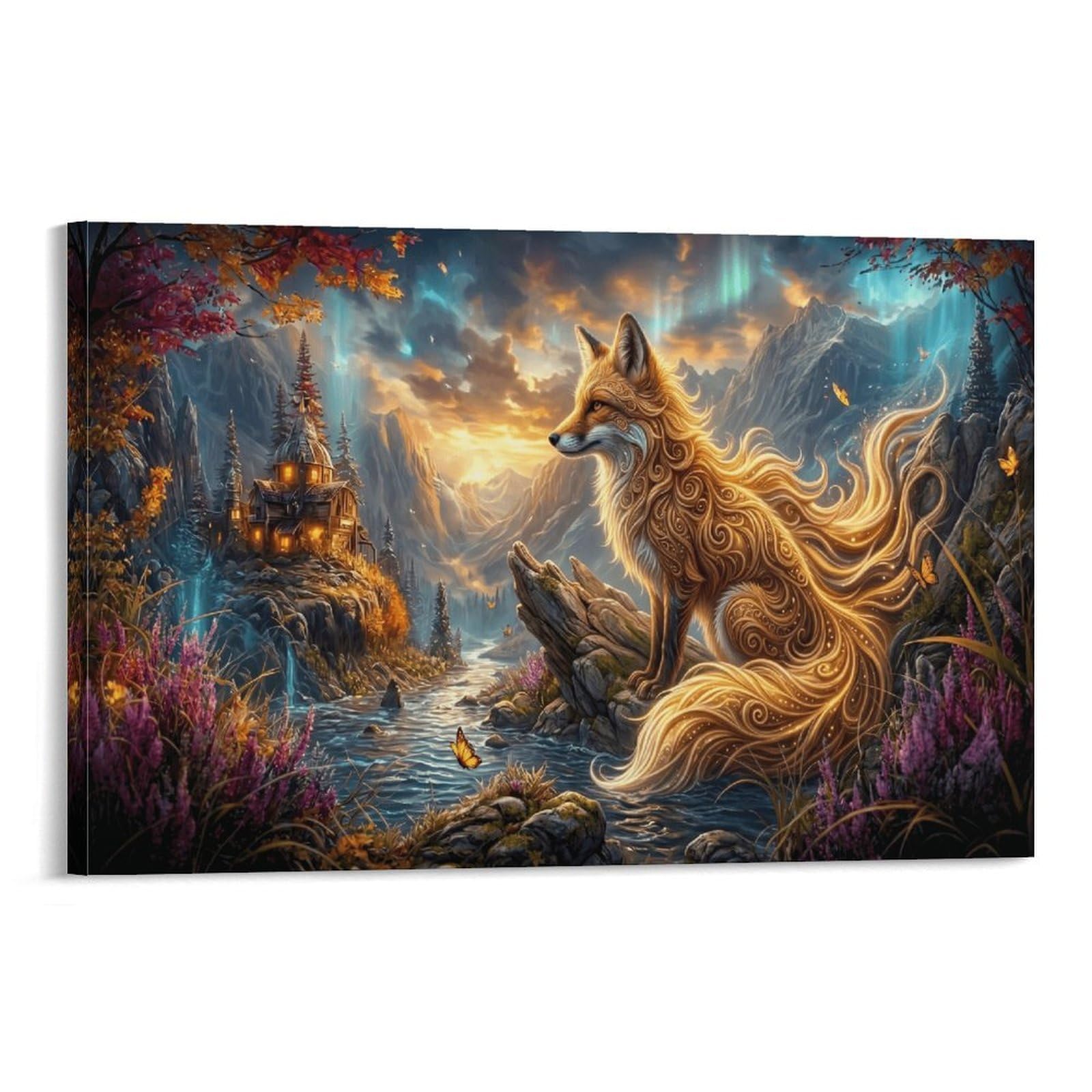 XPASHIQWC Nine‑Tailed Fox Wall Decor Poster Aurora Valley Canvas Prints Picture Modern Canvas Wall Art Picture Wall Hanging for Living Room Home Decorations 24x36inch(60x90cm)