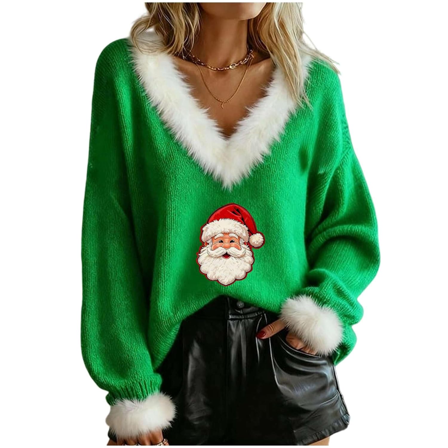 GDSAFS Ugly Christmas Sweater Dress Fur Trim Attire V Neck Holiday Sweater Holiday Fall Winter Festive Pullover