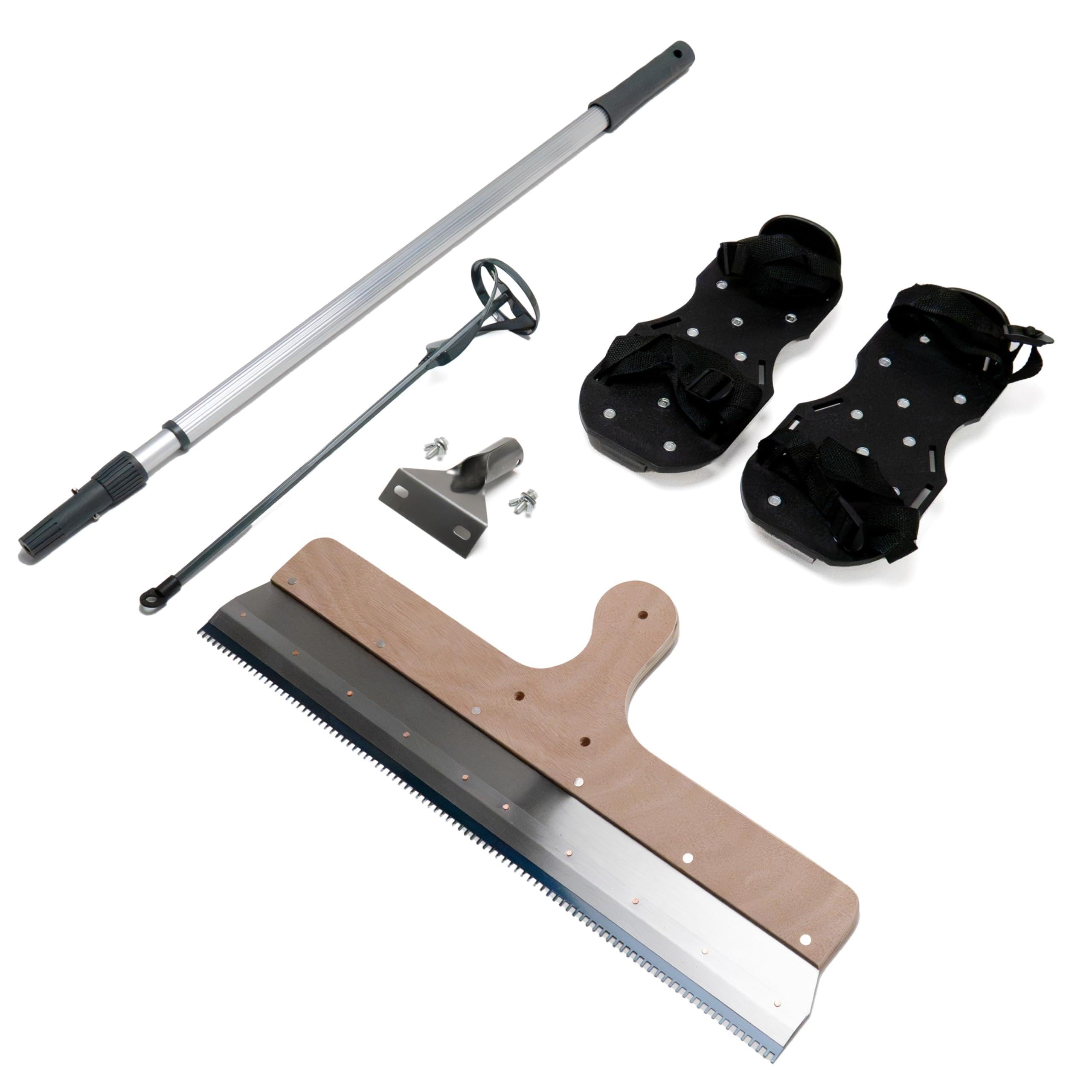 Set attrezzi per pavimenti resina epossidica composto livellante | Raschietto livellatore con asta telescopica | Miscelatore elica | Scarpe chiodate