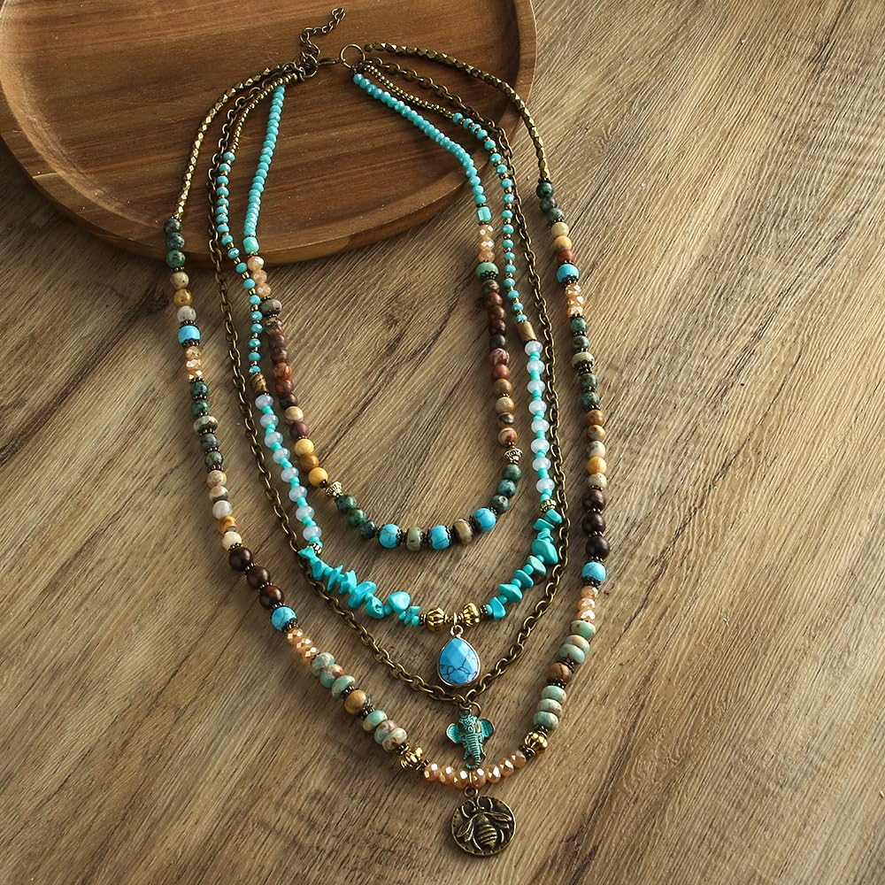 Yomisa Collana da donna alla moda, multistrato con perline, lunga collana da donna, stile bohémien, fatta a mano, con perline naturali, idea regalo