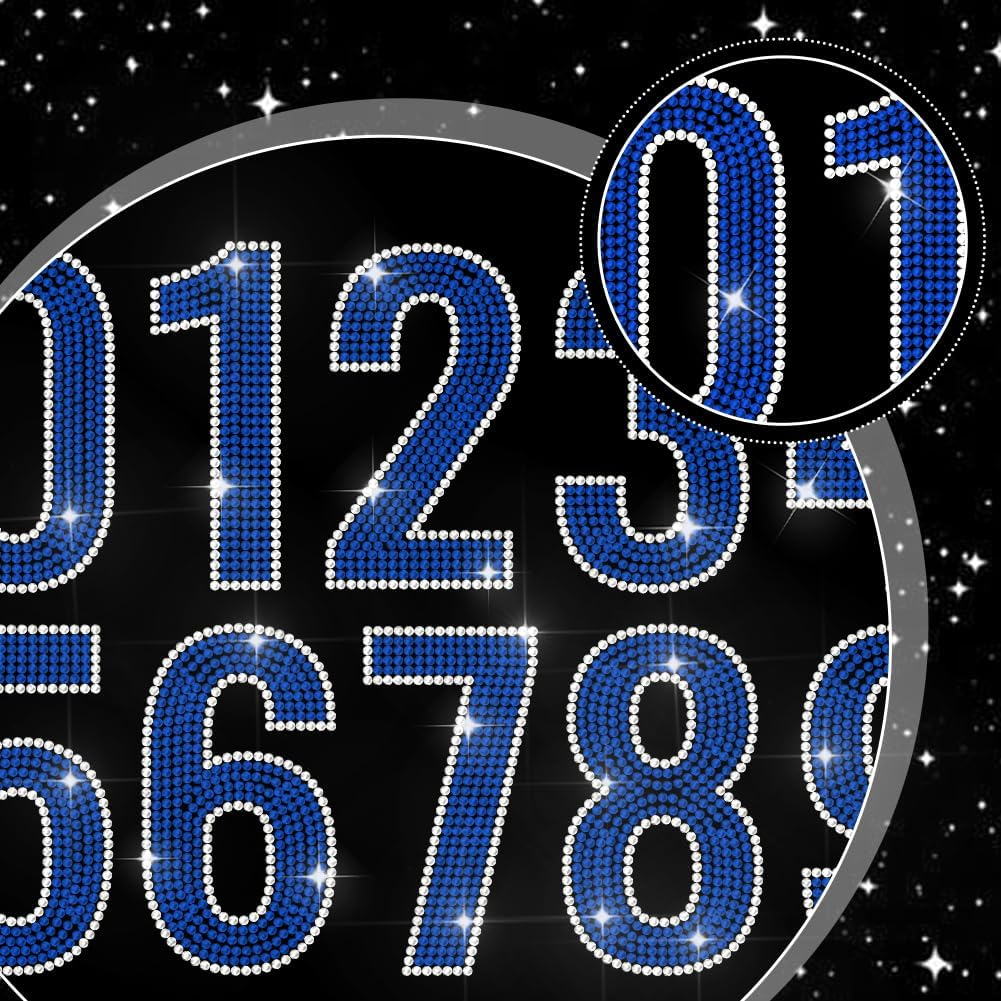 MAYJOYDIY 0-9 Number Iron on Rhinestone Decal Blue Number Hotfix Transfer Sticker Crystal Number Series Heat Transfer Patch Bling Clothing Repair Applique for T-Shirt Hat Jacket Garment Bag DIY Decor