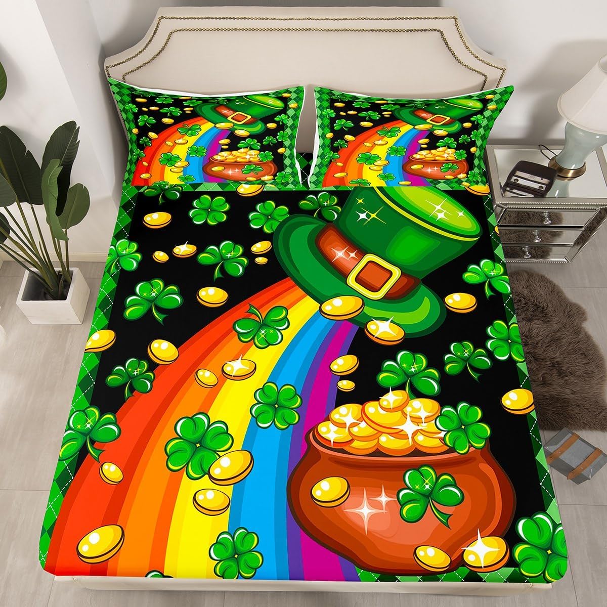 Green Geometric Grid Fitted Sheet,Leaves Plant Rainbow Sheet Set for Adults Ultra Soft Room Gift,Green Hat Bedding Set with 2 Pillowcases,Queen Size