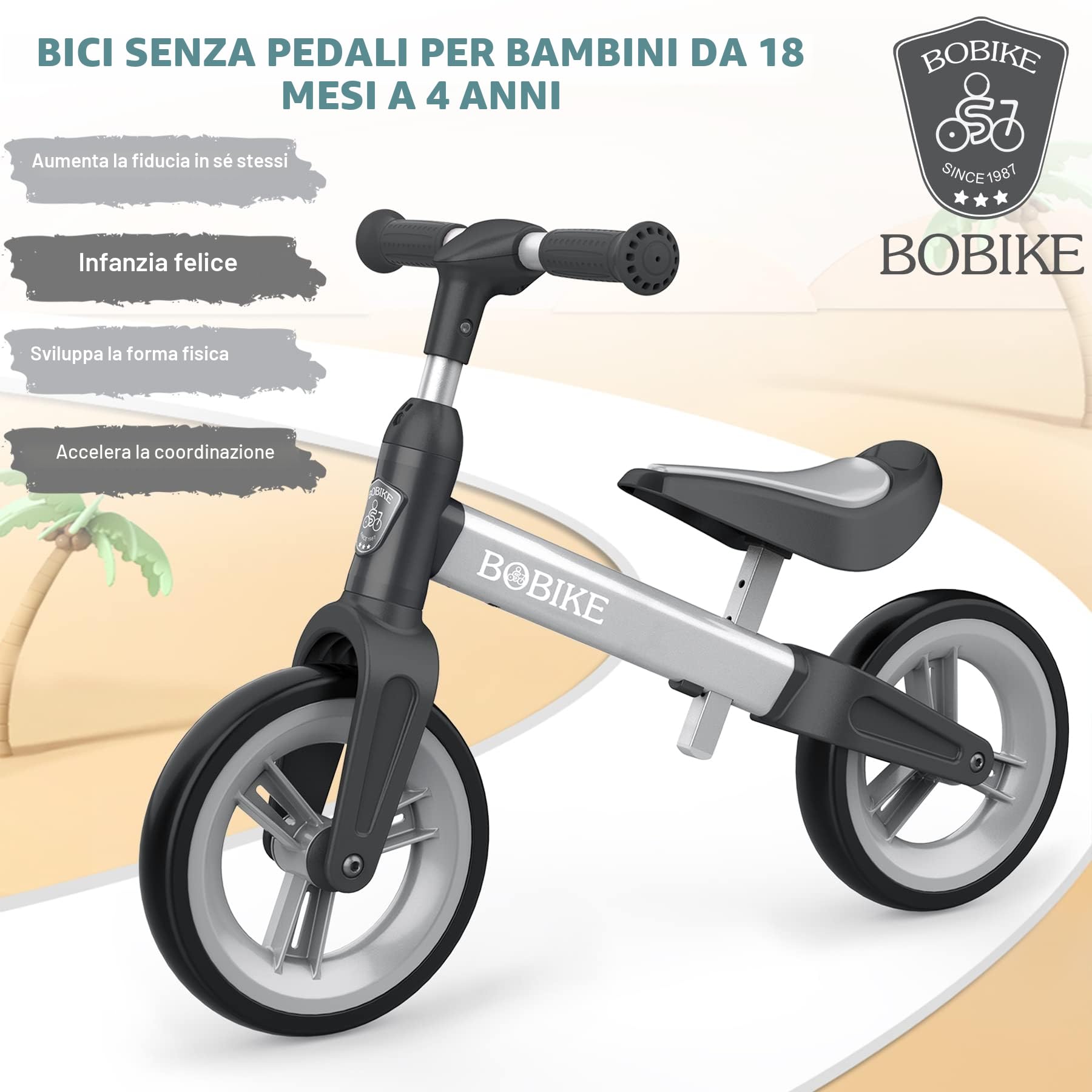 MHCYLION Bicicletta Bambini Senza Pedali per 1,5-4 Anni Fino a 25 Kg, volante e sellino Regolabili in Altezza, Bloccasterzo, Giocattoli Regali per Bambini Bicicletta Equilibrio Bambino,Argento
