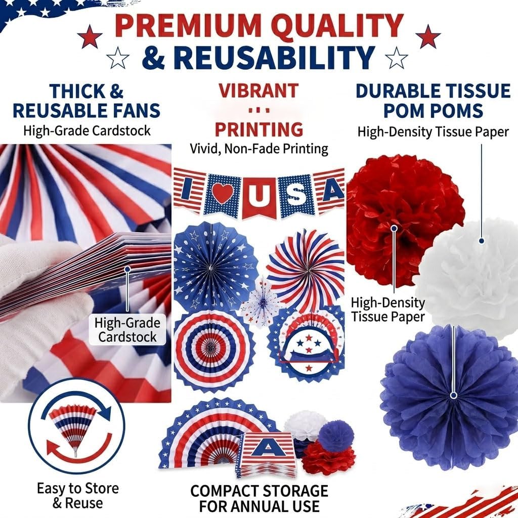 34PCS 4th of July Decorations Patriotic Decorations Love USA Banner Red White Blue Paper Fans, Star Streamer, Pom Poms, Hanging Swirls for Memorial Day Veterans Labor Presidents Flag image 4