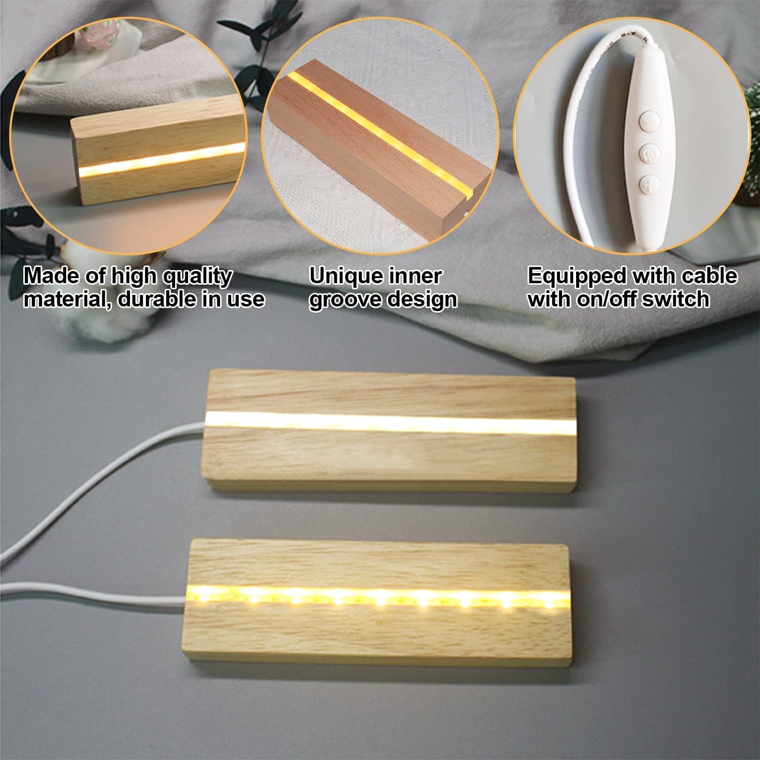 TALOEYH Base per esposizione di luci a LED, luce calda, rettangolare, in legno, piedistallo, espositore, per lastre acriliche da 3 mm, cristallo e resina (2 pezzi