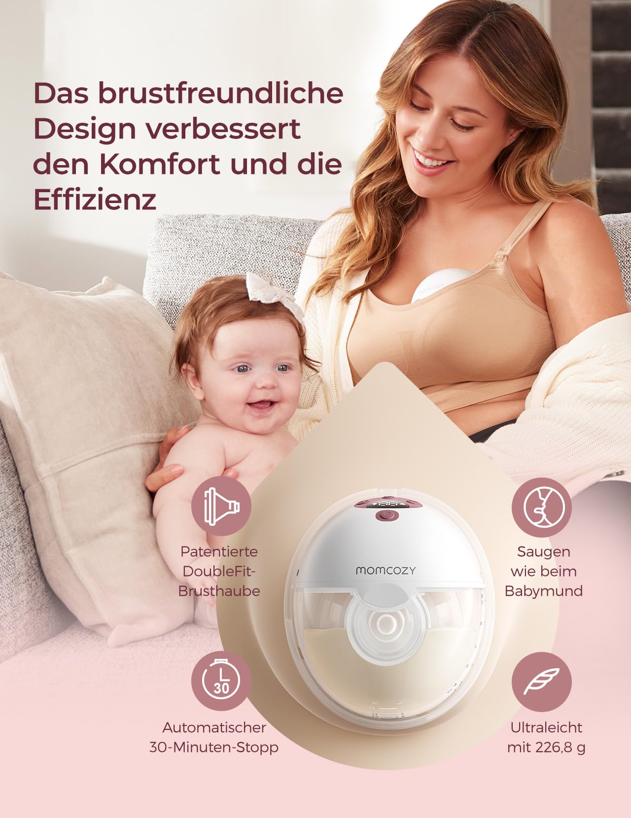 Momcozy M5 Smart Milchpumpe Elektrische, App-Steuerung, Handsfree Doppel Brustpumpe mit 3 Modi 9 Stufen - 2 Pack, Rot