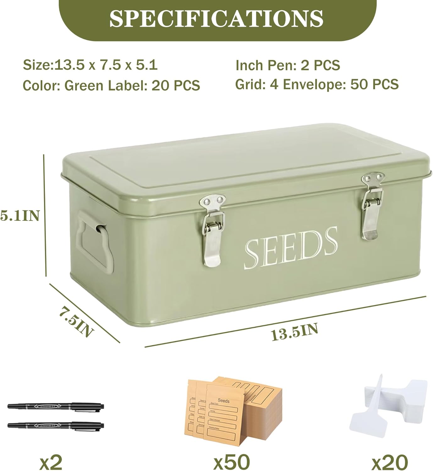 Seed Storage Box, Professional All-in-one Kit with 2 Pens, 20 Plant Labels and 50 Seed Envelopes, Metal Storage Organizer, Saving Box, Seed Packet Container, Large, Green