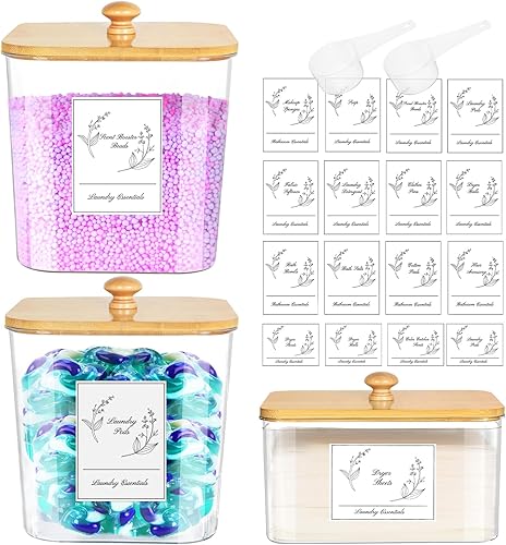 Vista 9 de paquete de 4 recipientes transparentes para cápsulas de detergente y soporte para hojas de secadora, frascos cuadrados de plástico para organización