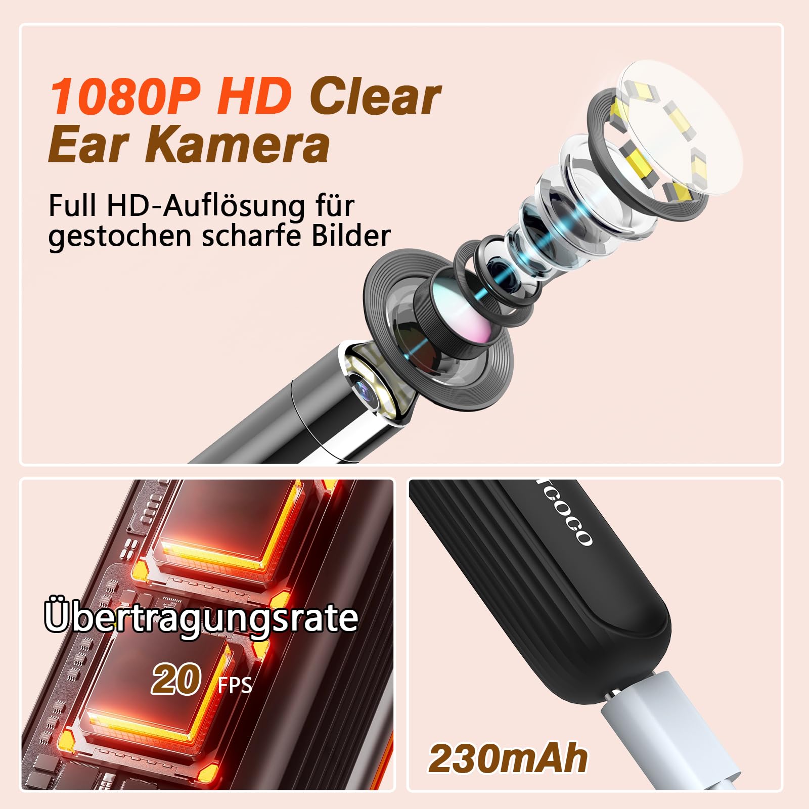 Ohrenschmalz Entferner Otoskop, VITCOCO Flexibel 1080P Wi-Fi Ohrreiniger, 3.1mm Ohrreiniger mit Pinzette, Wasserdicht Ohrenreiniger für Erwachsene, Kinder und Haustier