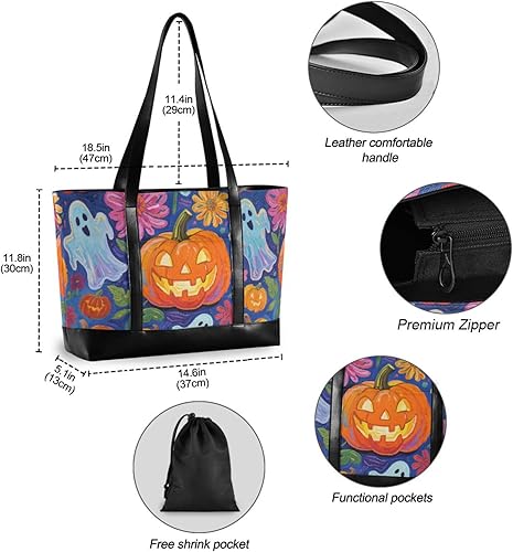 Miniatura 4 de KLL Calabazas de Halloween y fantasmas con flores Bolsa impermeable para computadora con cremallera bolsas de trabajo Bolso grande para enfermería