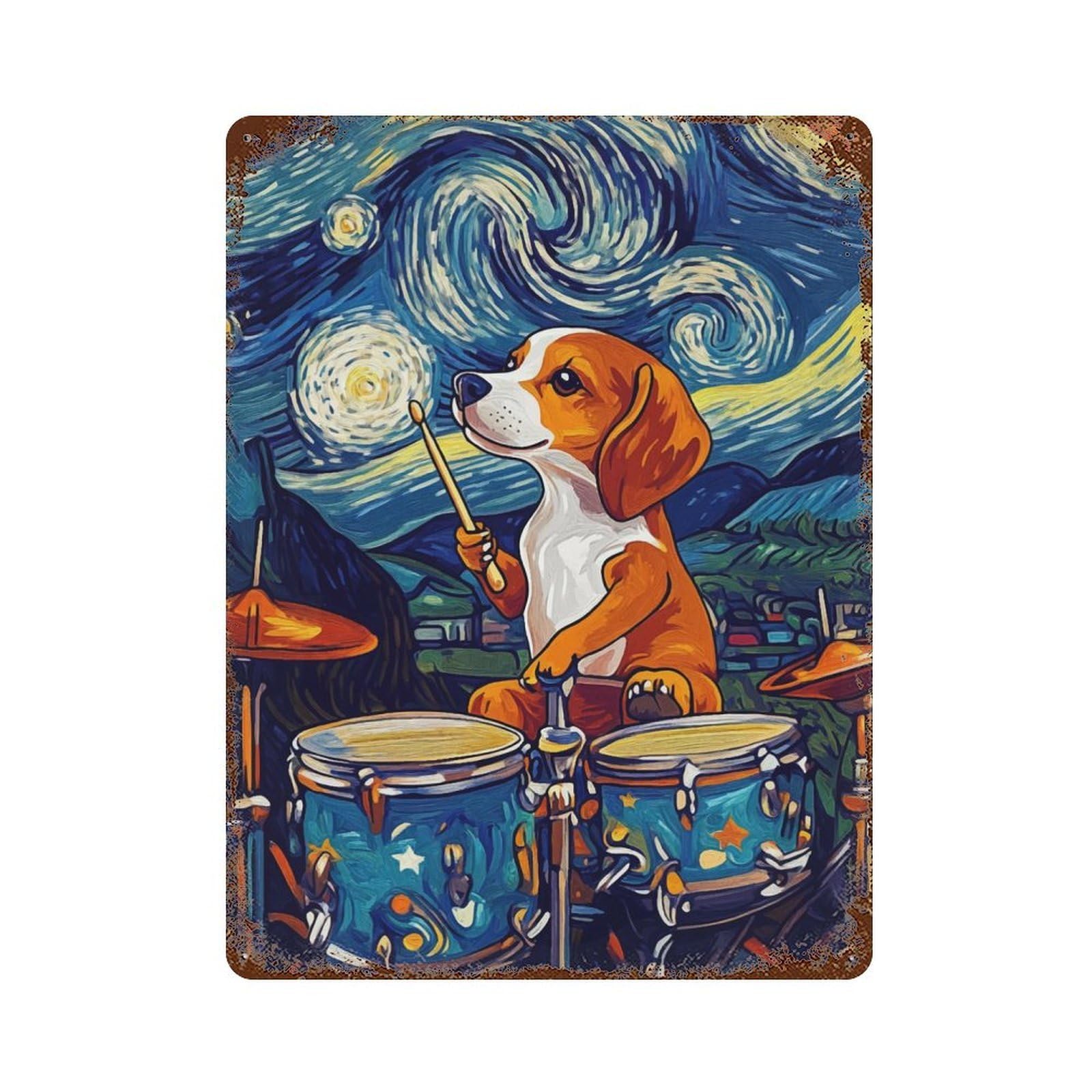 Beagle Drummer Starry Night Retro Metal Sign 15.7"x11.8", Ideal for Cafe, Home Bar And Lounge Decor