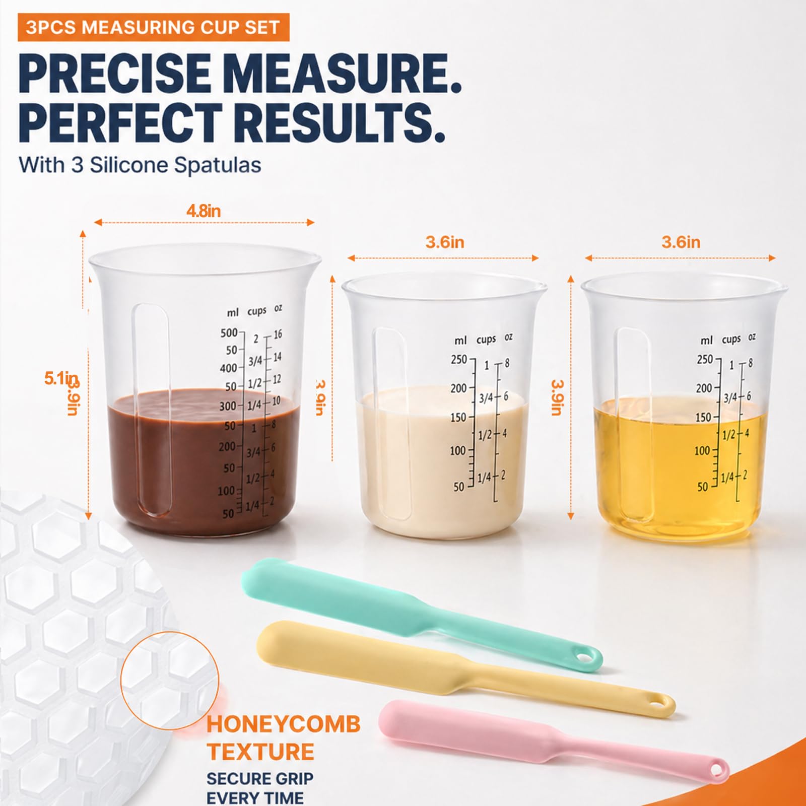 Juego de tazas medidoras de silicona – 250 ml, 250 ml y 500 ml para chocolate y caramelos – Incluye 3 espátulas de tarro, apto para microondas, flexible para hornear