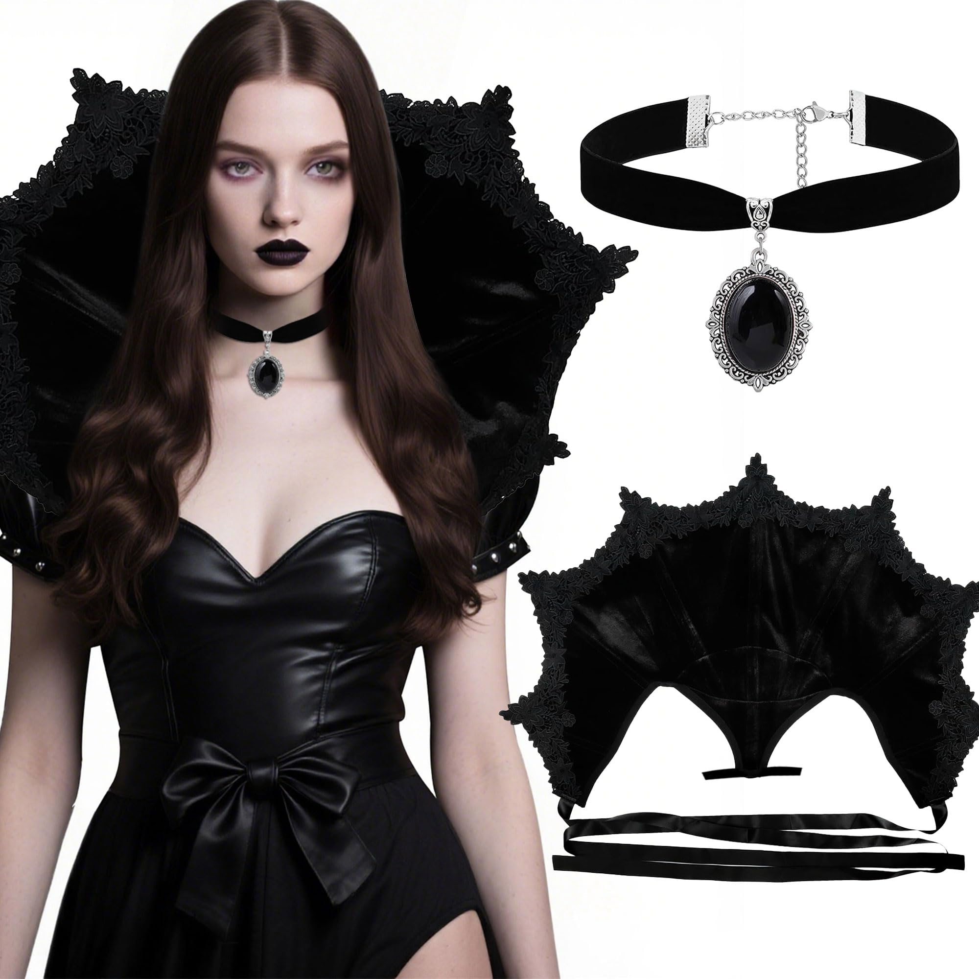 LaVenty Victorian Collar Gothic Stand Up Vampire Collar Black Velvet Victorian Choker for Women Halloween Masquerade Cosplay (Black)