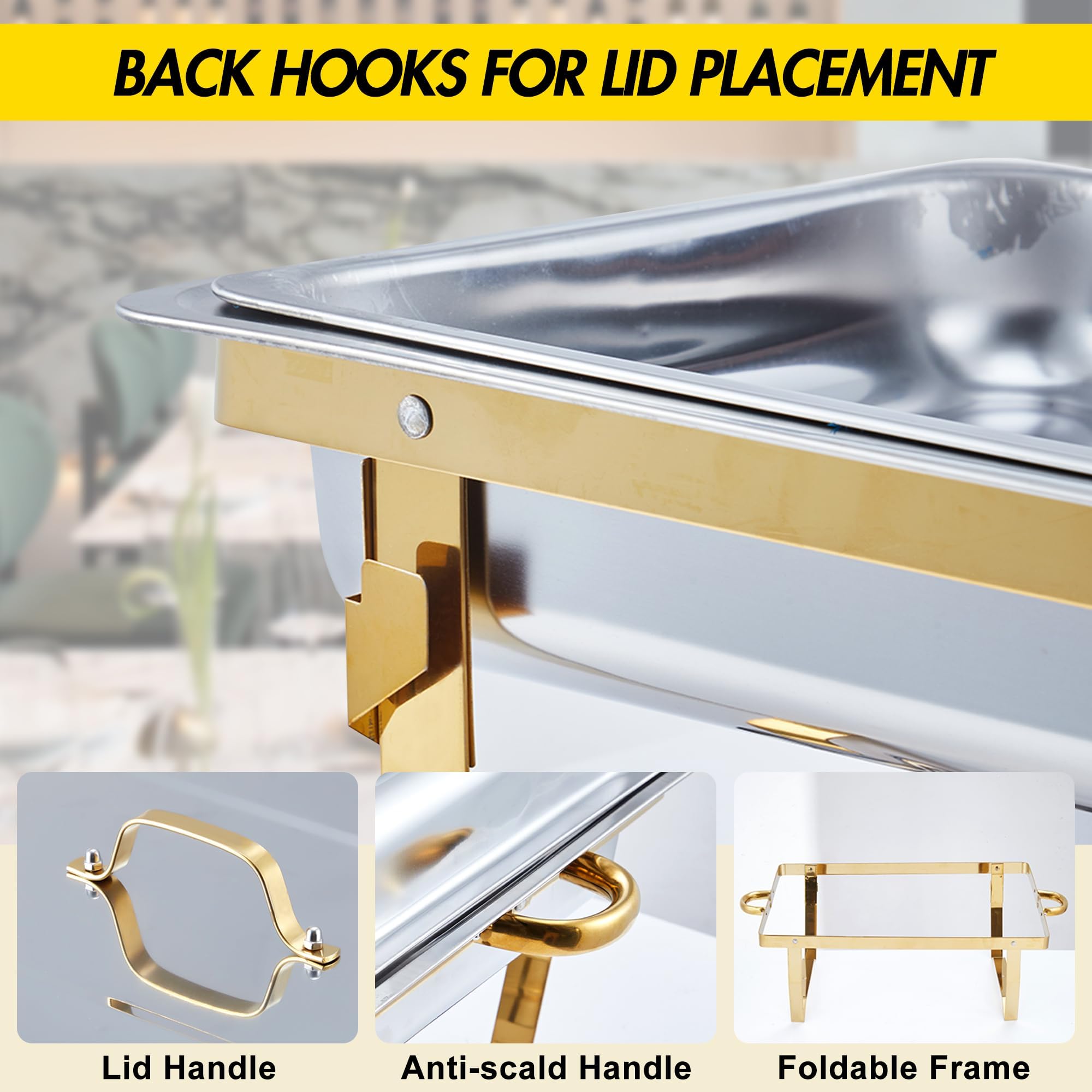 Garvee Set de 4 bandejas rectangulares para Buffet de 8L – Acero Inoxidable Dorado – Calienta Alimentos con Tapa y Soporte Plegable – para Catering, Fiestas, Bodas y restaurantes – 4 Piezas, Dorado,