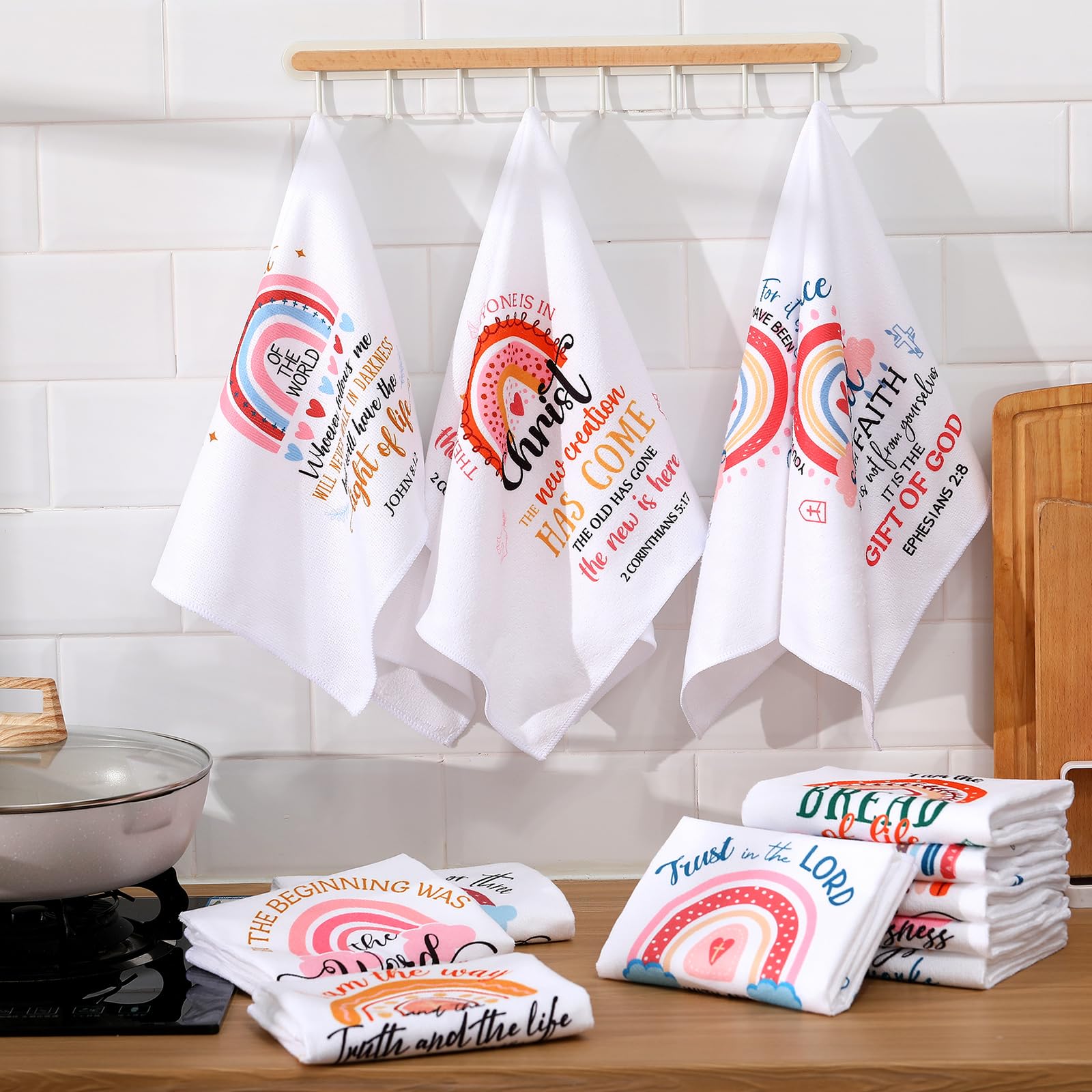 FuWeave 12 paños de cocina religiosos cristianos de 15.7 x 23.6 pulgadas, regalos cristianos para mujeres y hombres, paño absorbente con versículo bíblico, paño de cocina para inauguración de la casa