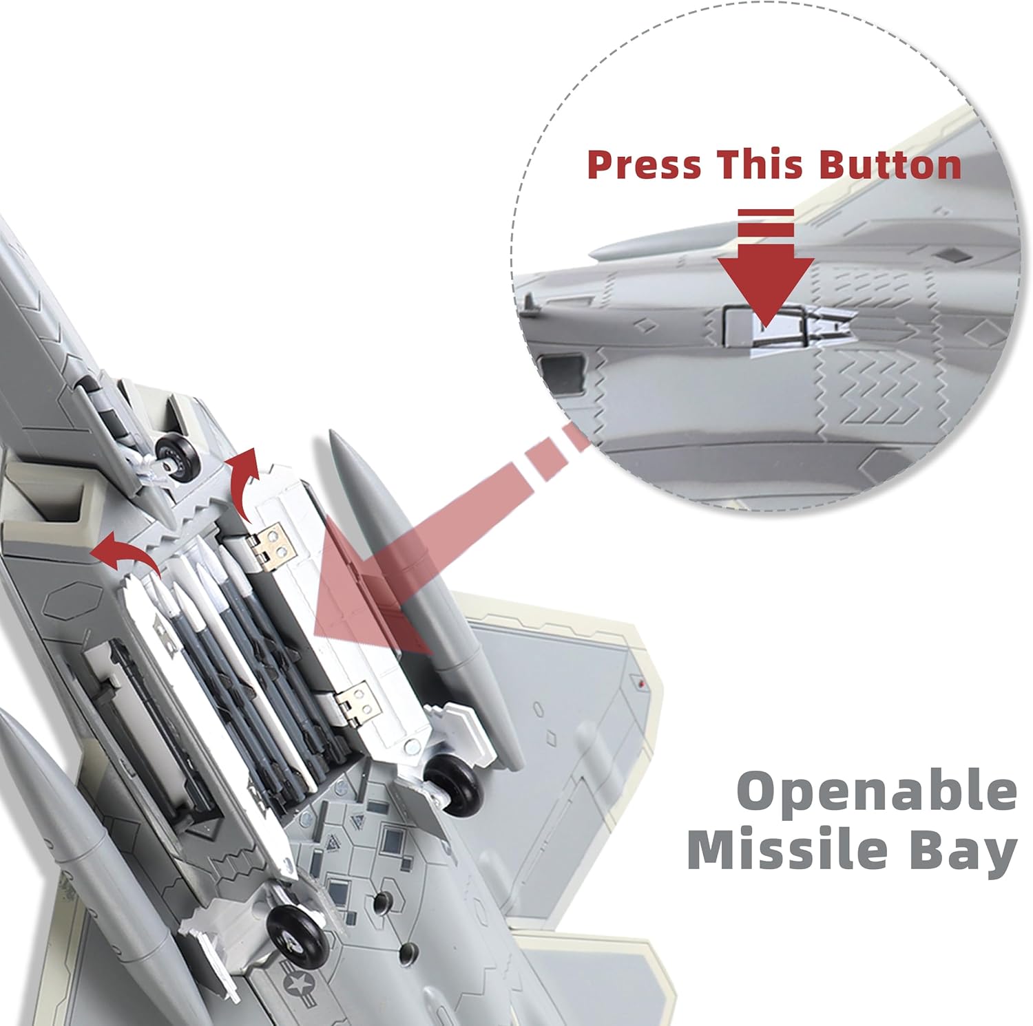 Underside view of the F-22 Raptor model with the main missile bay doors open, revealing internal missiles.