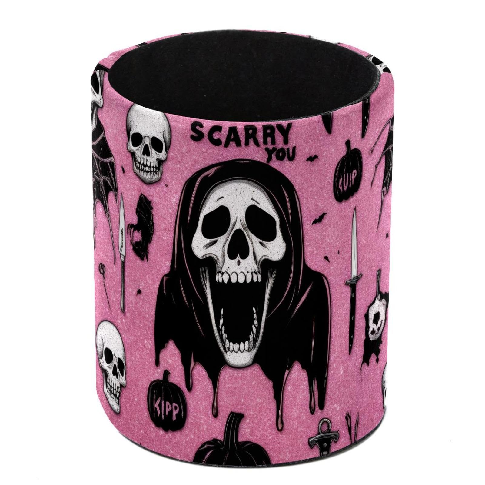 HEOEH Halloween Scarry Skull Pen Holder for Desk, PU Leather Pencil Holder Pen Cup Marker Holder Makeup Brush Holders, Desk Accessories & Workspace Organizers for Home, Office