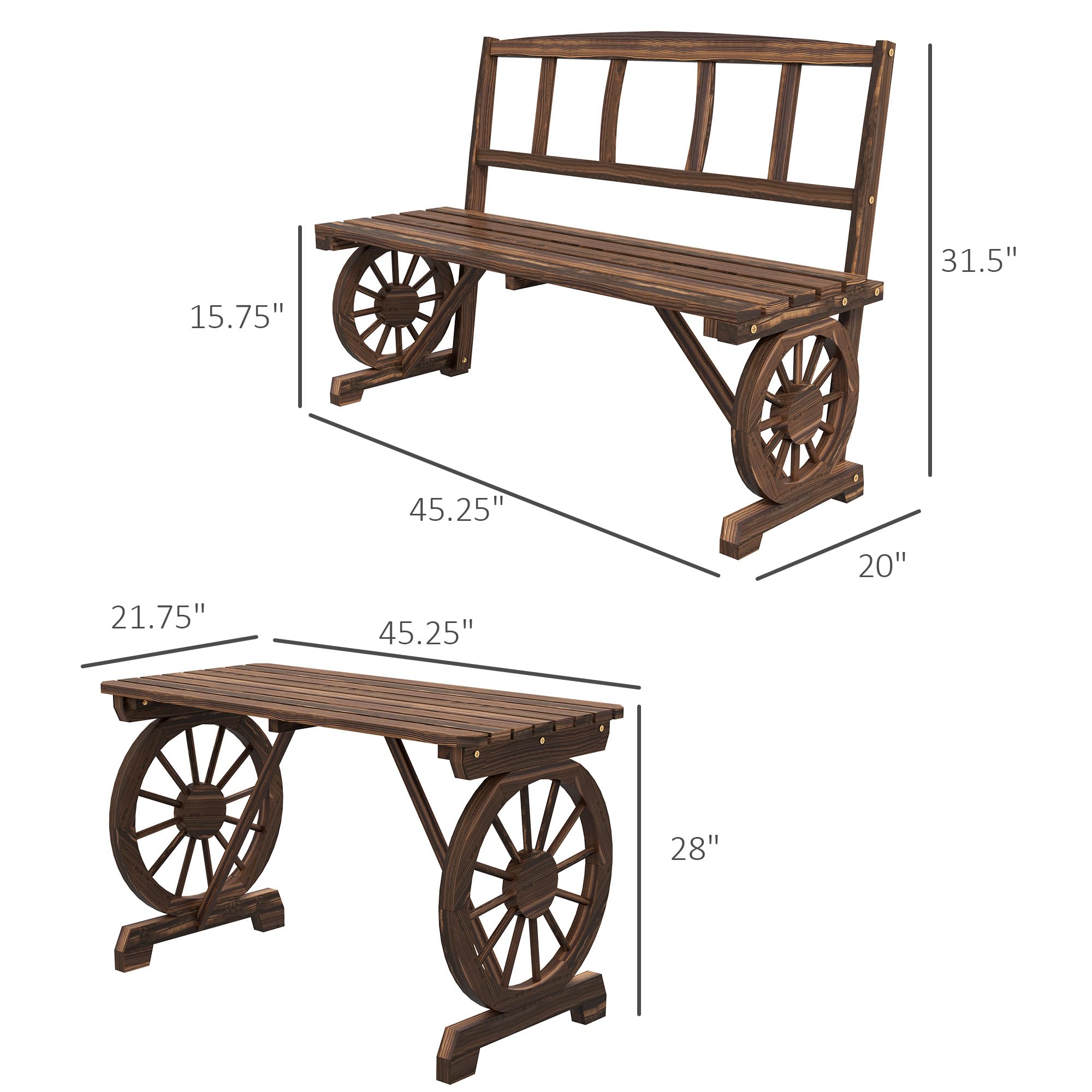 Mesa y sillas para exteriores para 4 personas, juego de mesa de patio de madera y banco de comedor, juego de muebles de 3 piezas para todo tipo de clima con diseño de rueda de carro para 7