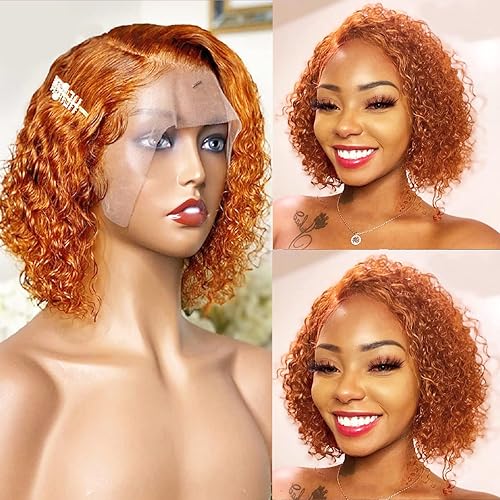 Curly Bob Wigs Human Hair Short Orange Side Part Lace Front Wig Pre Plucked with Baby Hair T Part Deep Wave Lace Frontal Wig for Black Women Bleached Knots 10"