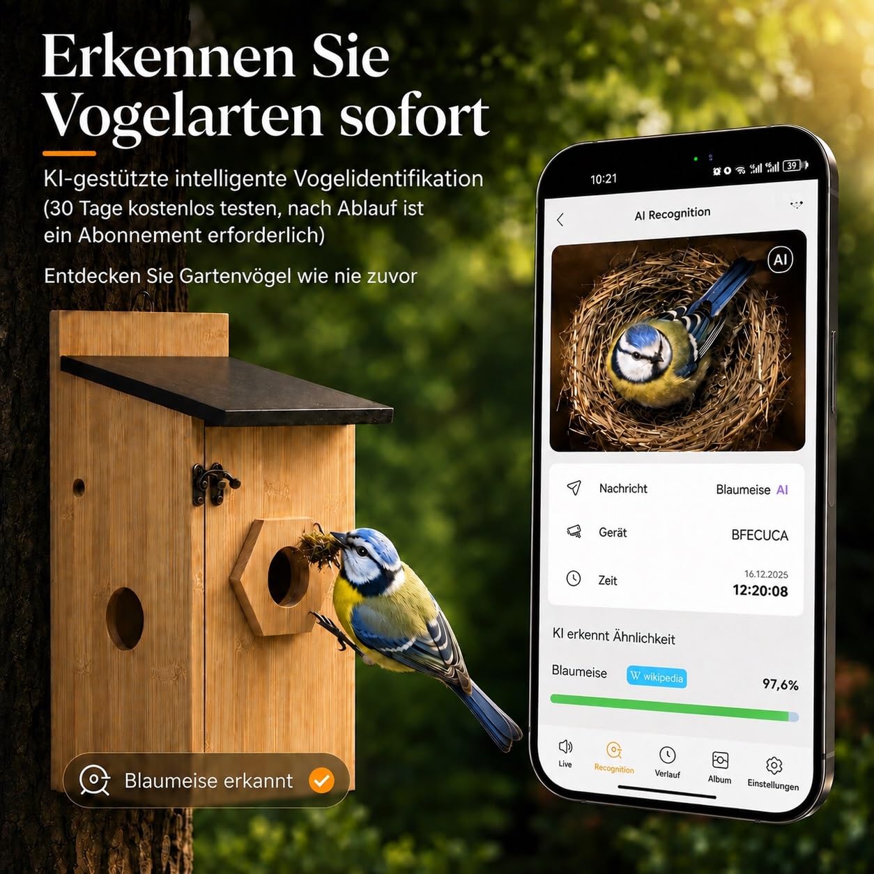 Vogelhaus mit Kamera, 5MP HD Nistkasten für draußen, 2,4G WiFi & App Benachrichtigung, Beobachtung von Nestbau und Brut, Automatische Aufnahme von Vogelvideos & Bewegungserkennung, Solarbetrieb