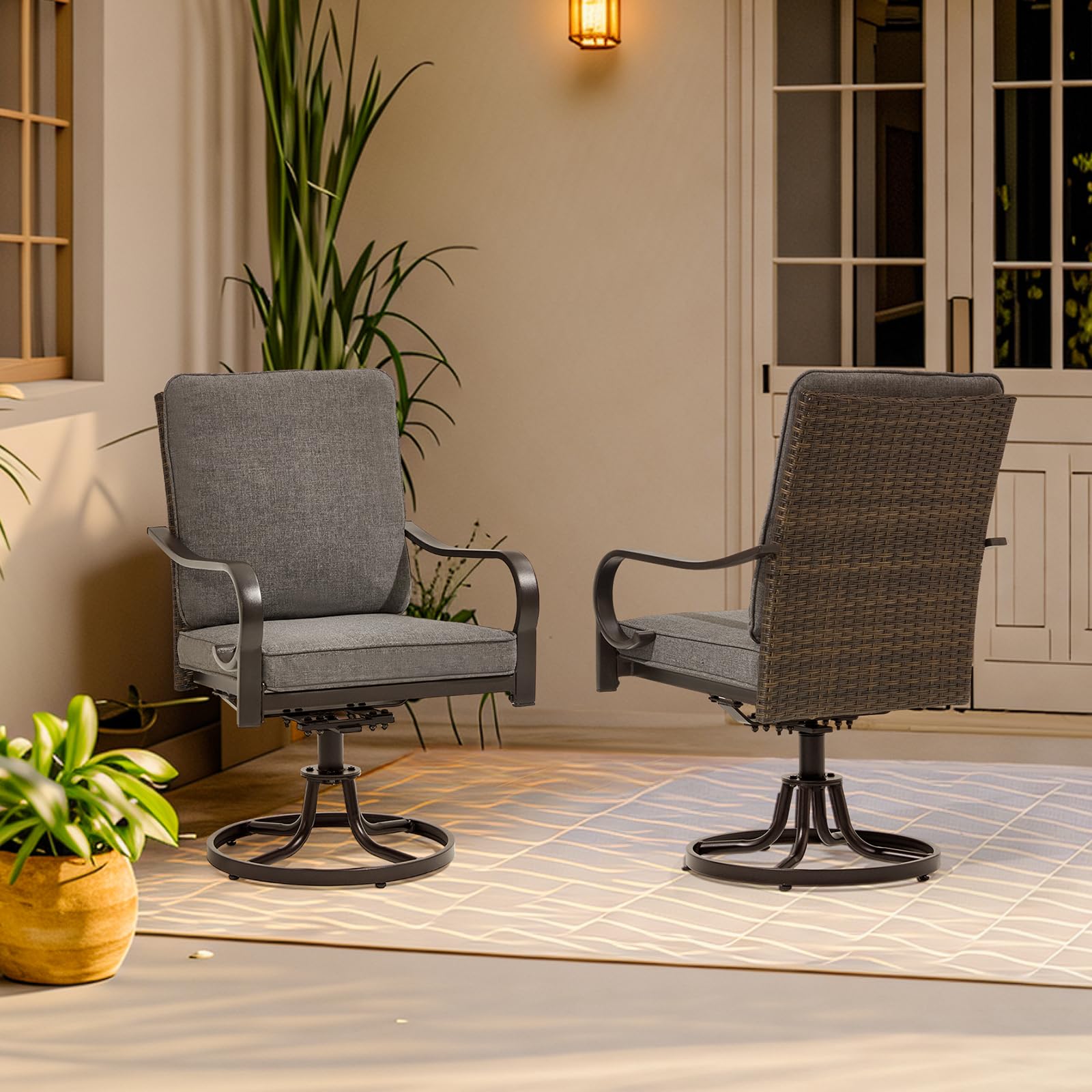 MELLCOM Patio Swivel Chair Set of 2, Outdoor Dining Chairs with Thickened Cushions, Wicker Chairs with Gentle Rocker for Porch, Garden, Backyard,