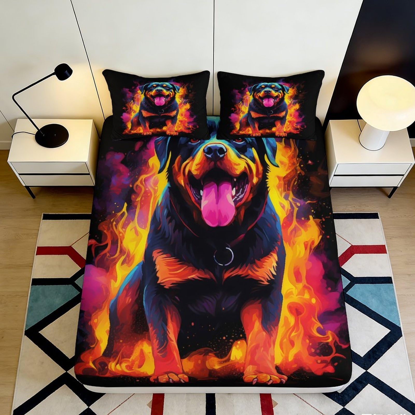 3D Printed Fire Rottweiler Fitted Sheet Microfiber Soft Bed Cover for Bedroom Dorm Mattress Protection Decor 90x200x25cm
