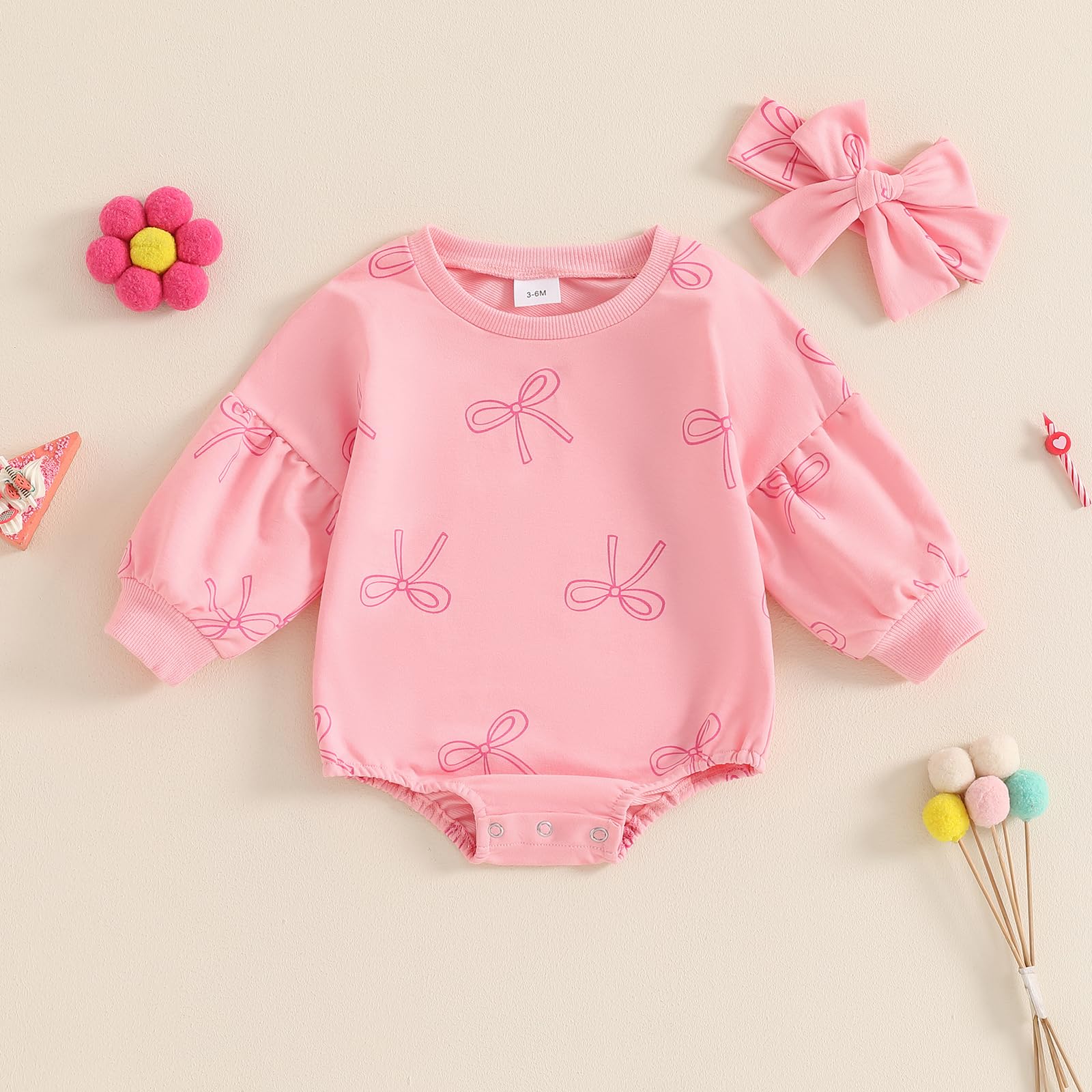 MBMSHEGH Newborn Baby Girls Crewneck Sweatshirt Bubble Oversized Romper Long Sleeve Shirt Jumpsuit Outfit Fall Clothes (A-Pink Bow, 12-18 Months)