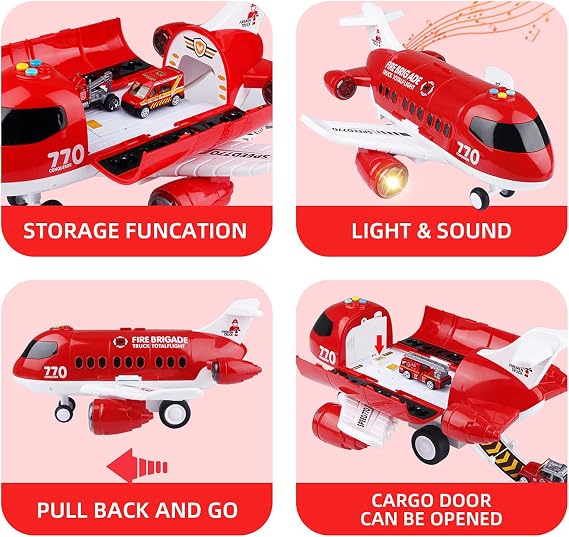 Fire Engine Aeroplane Set, Emergency Rescue Toy Cars Play Music Vehicles for 3 4 5 Years Old Boys Kids
