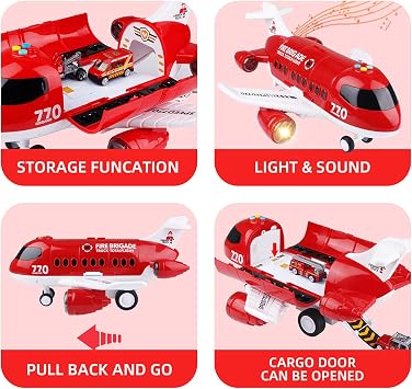 Fire Engine Aeroplane Set, Emergency Rescue Toy Cars Play Music Vehicles for 3 4 5 Years Old Boys Kids