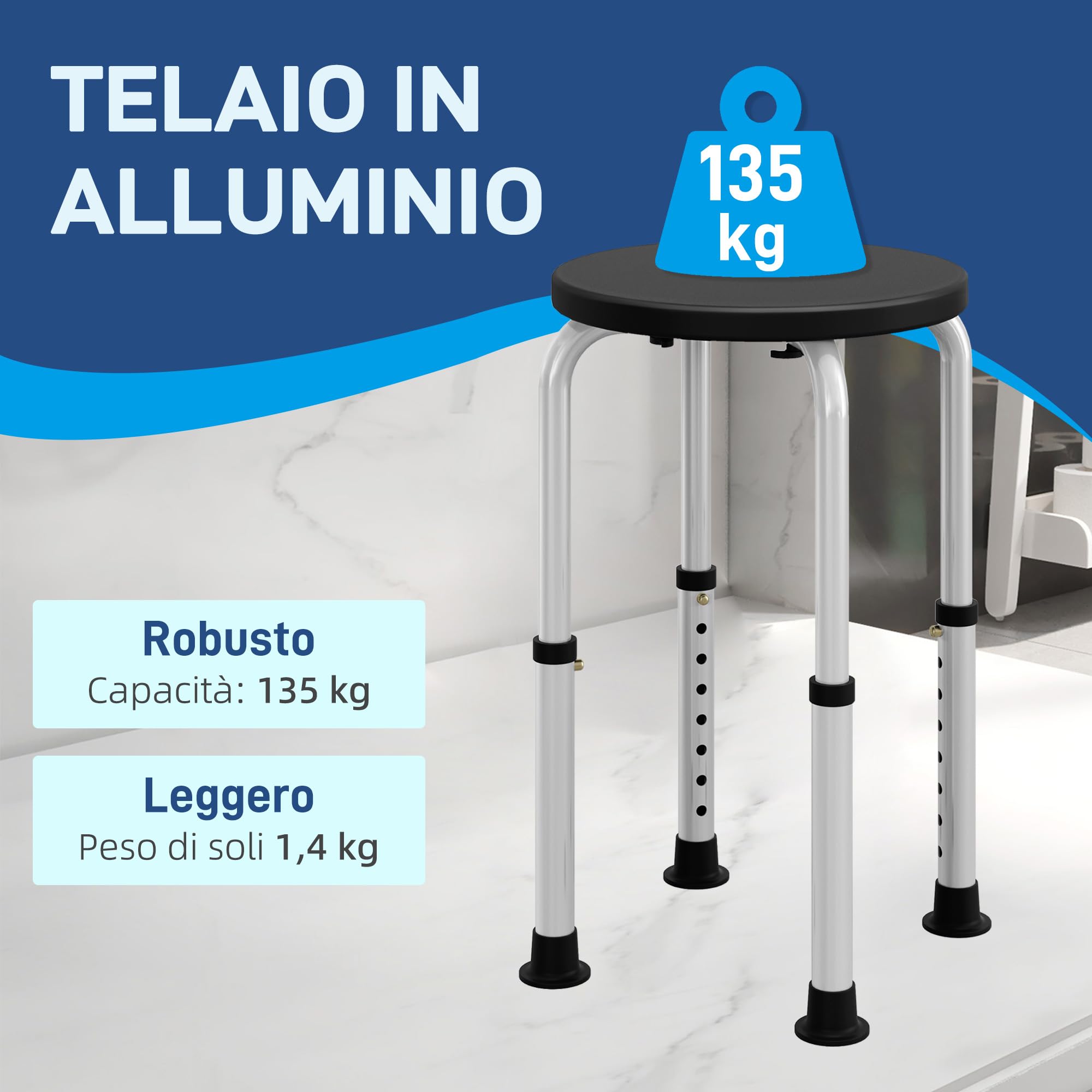HOMCOM Sgabello da Doccia Girevole a 360° con Piedini Antiscivolo e Regolabile in Altezza su 8 Livelli, Sgabello per Doccia in Alluminio e PE, 32.5x41x35.5-54 cm, Nero