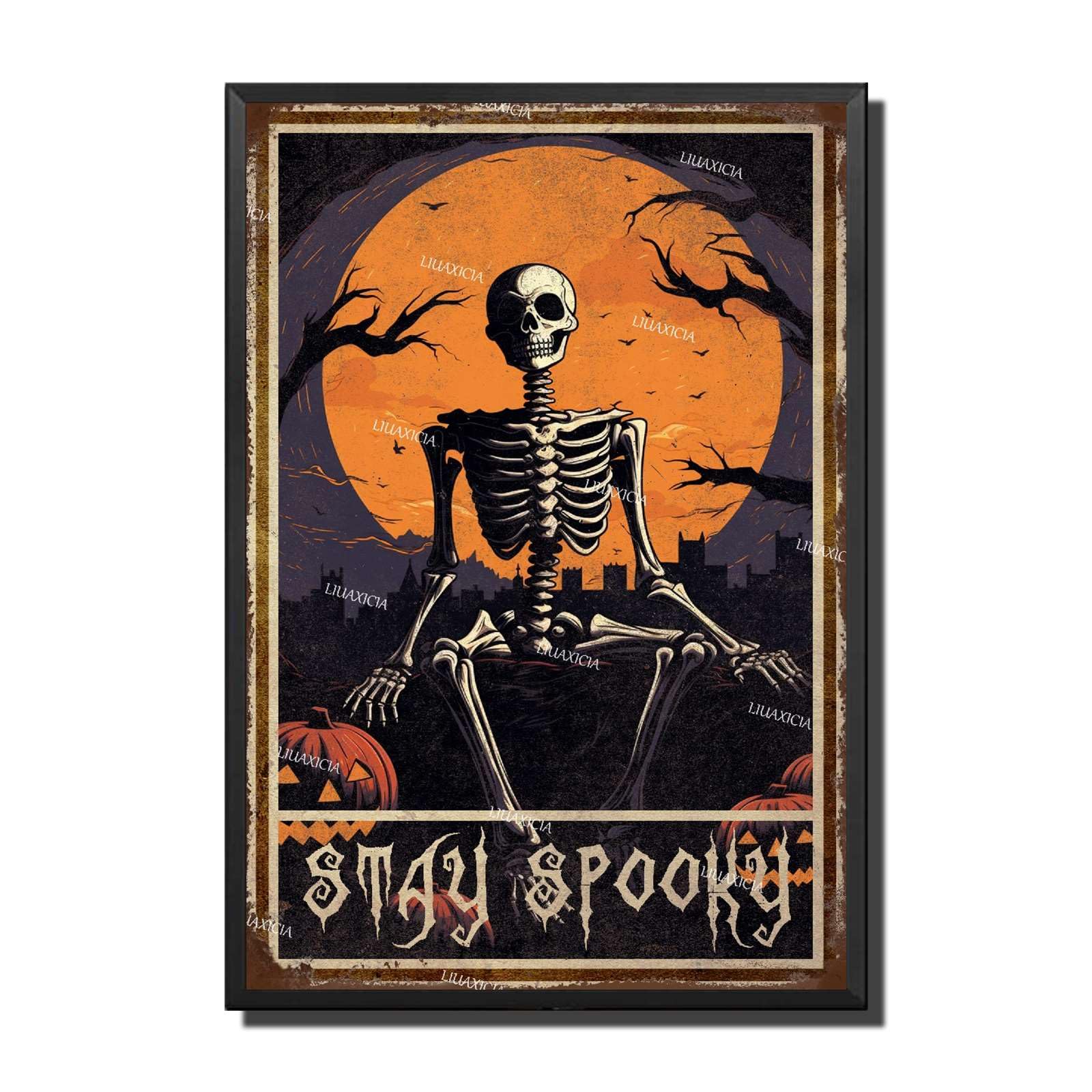 peiyeety Metal Tin Sign Stay Spooky Skeleton Halloween Vintage Decorative Wall Art,Retro Spooky Season Rustic Plaque for Home Living Room Bedroom Bar Pub,12x16 Inch
