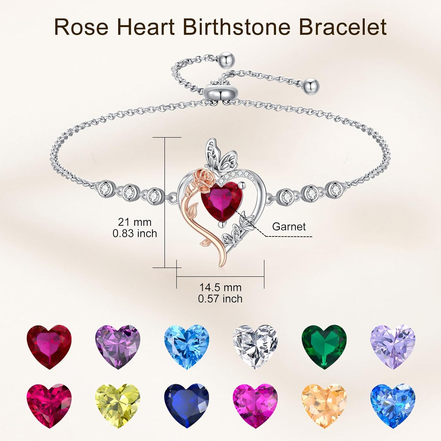 TOUPOP Rose Heart Birthstone Bracelet 925 Sterling Silver Butterfly Heart Bracelet Love Jewelry for Women Anniversary Valentines Day Birthday Gifts for Her Wife Mom - Image 5