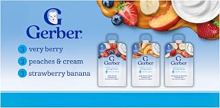 Gerber Toddler Yogurt Pouches 9-Pack: Very Berry, Peaches & Cream, Strawberry Banana - Fruit Puree with Calcium for Strong Bones, No Artificial Flavors