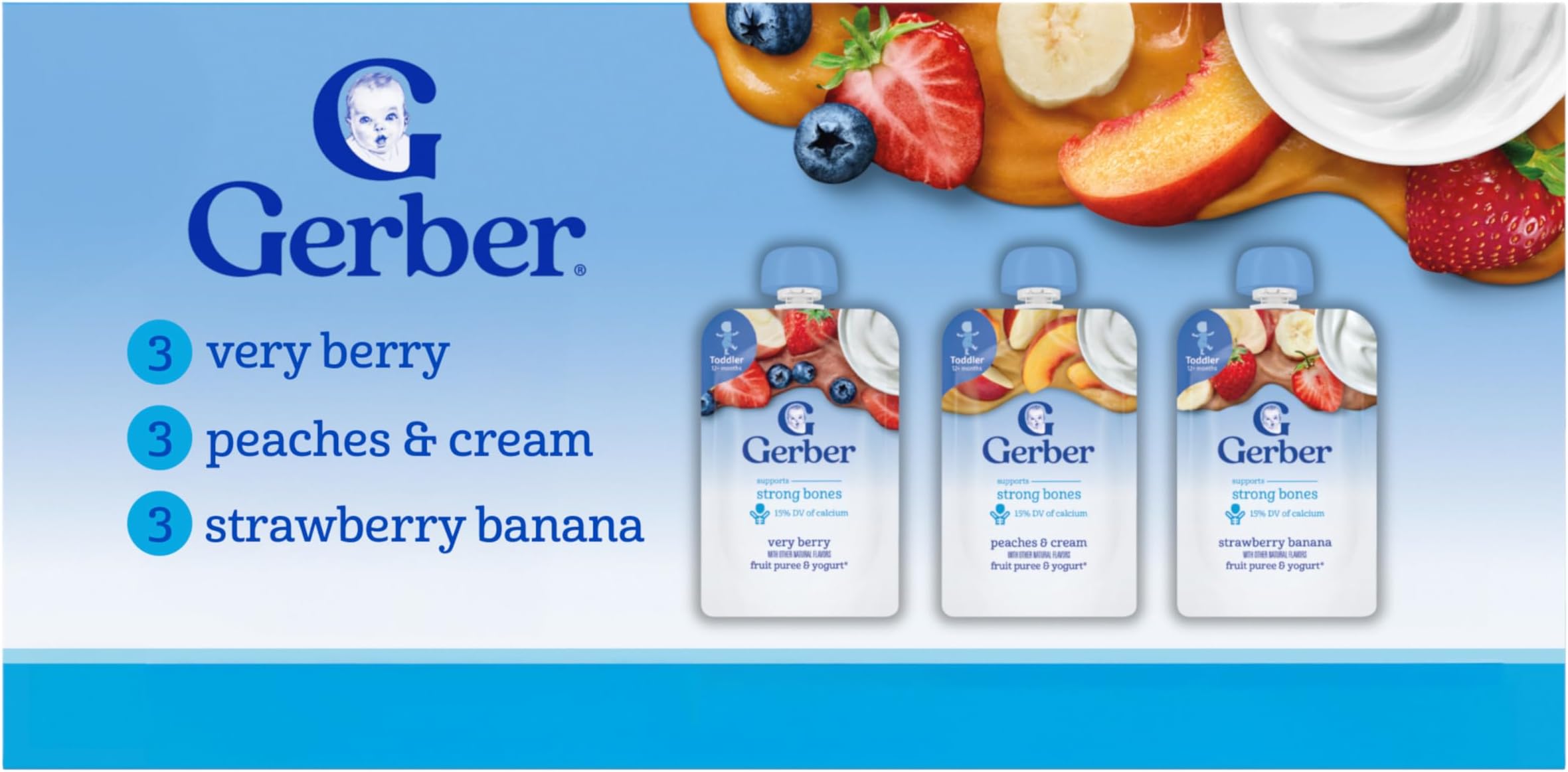 Gerber Toddler Food, Very Berry, Peaches & Cream, Strawberry Banana, Fruit Puree and Yogurt Pouches, Calcium Helps Support Strong Bones, No Artificial Flavors, 9-Pack
