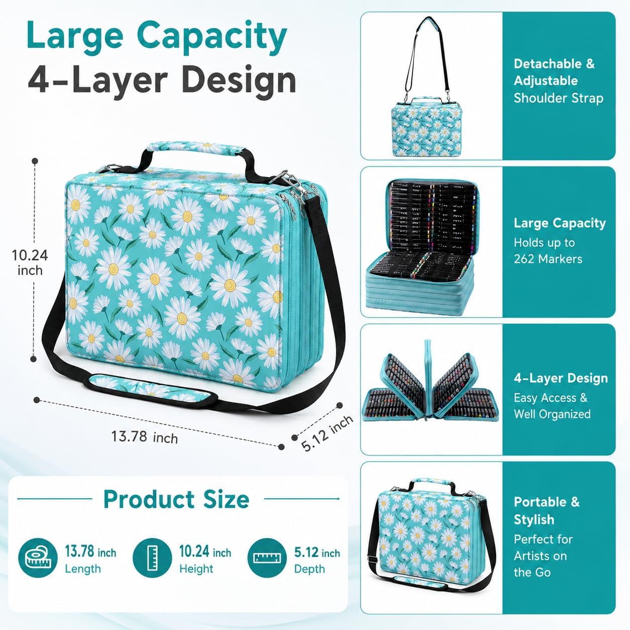 224-Slot Marker Organizer Bag, 4-Layer Case with Strap