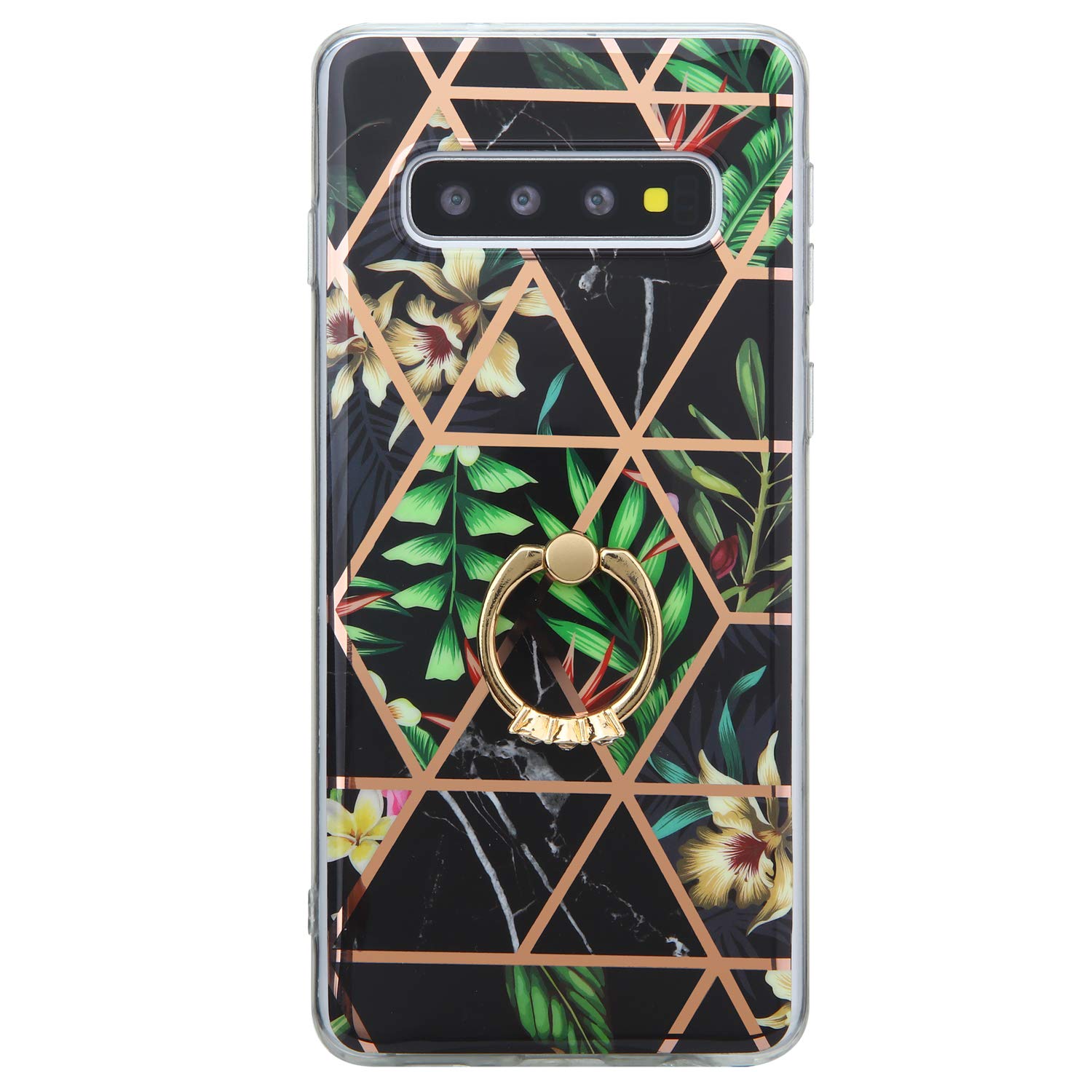 FUJICAR Galaxy S10 Case for Girls Women,Black Flower Marble Design Glossy Slim Fit Shock Proof Soft TPU Full Body Protective Cover Case with 360 Degree Rotating Ring for Samsung Galaxy S10
