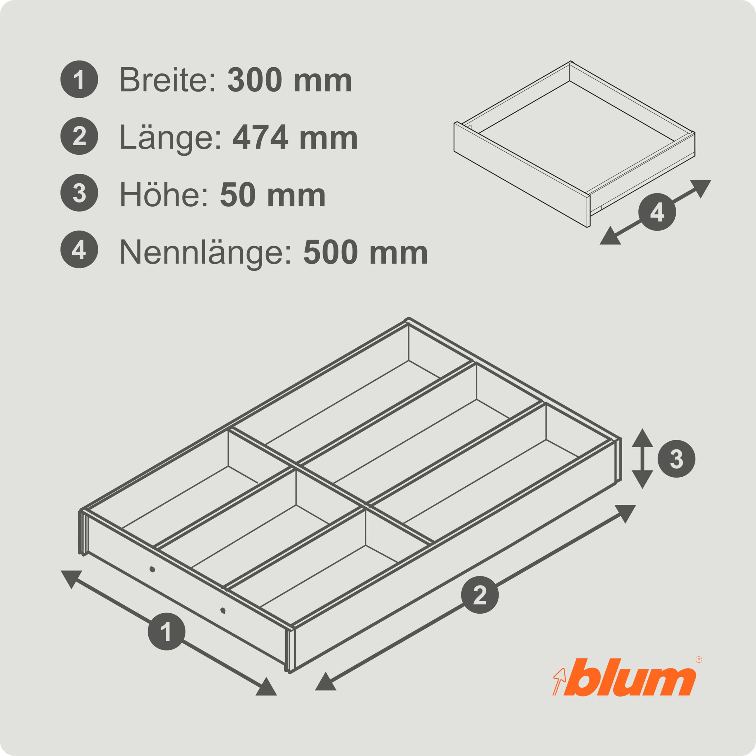 Blum AMBIA-LINE Besteckkasten mit Soft-Touch | Premium Schubladen-Organizer für moderne Küchenschublade & Schrank | schützt, sortiert & ordnet Besteck und Küchenhelfer | Maße: 47×30×5 cm | Oriongrau