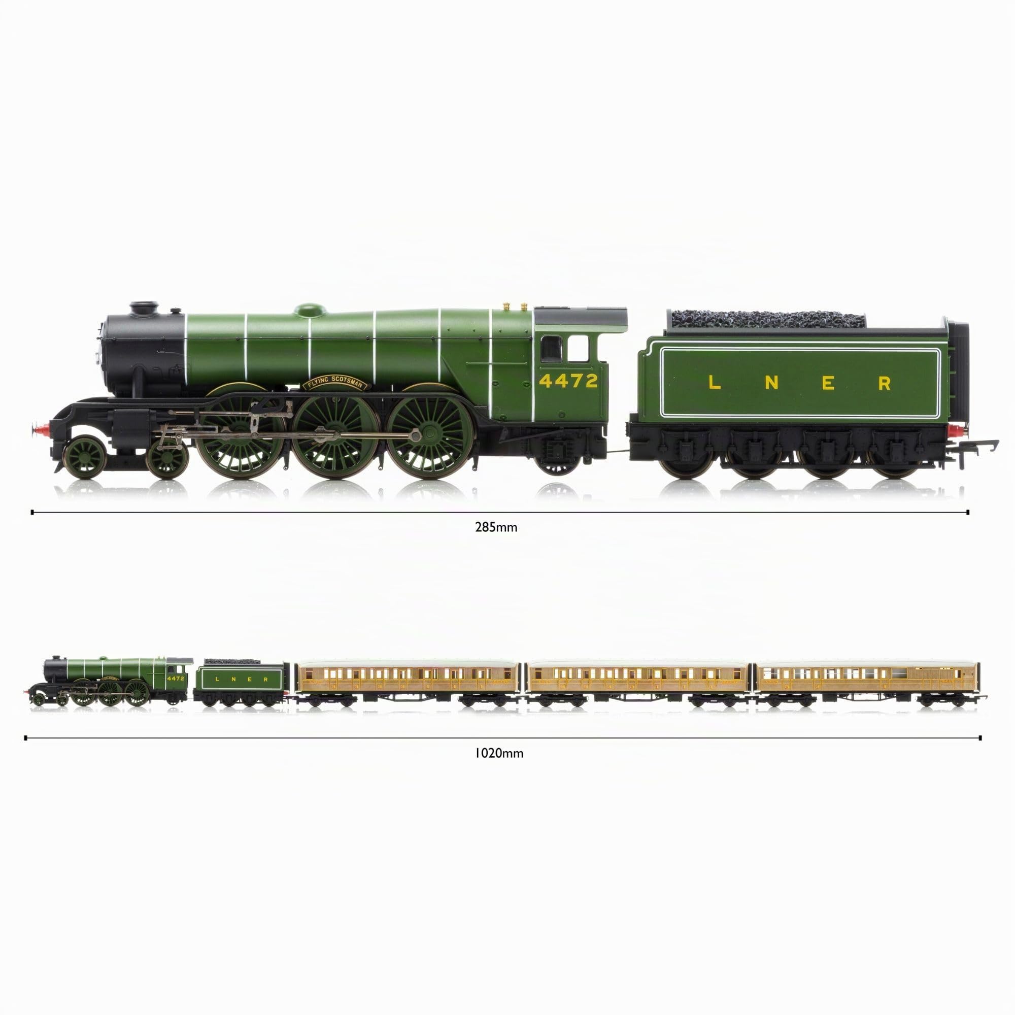 Hornby R1255M Flying Scotsman Train Set - Analog Spurweite 0,000 € Modelleisenbahn inkl. Lokomotive, 3X Reisebusse, Ovalstarterbahn - Starter Elektrische Modelleisenbahn Sets - Maßstab 1:76