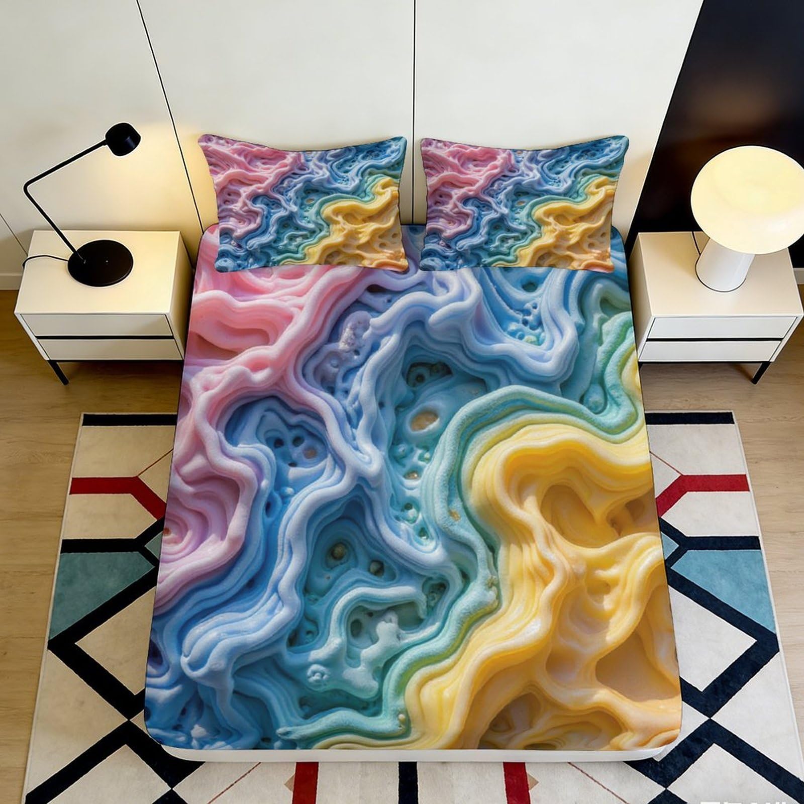 3D Printed Colorful Abstract Swirl Fitted Sheet Microfiber Soft Bedroom Decor Wave Pattern Mattress Cover 120x200cm 200x200x25cm