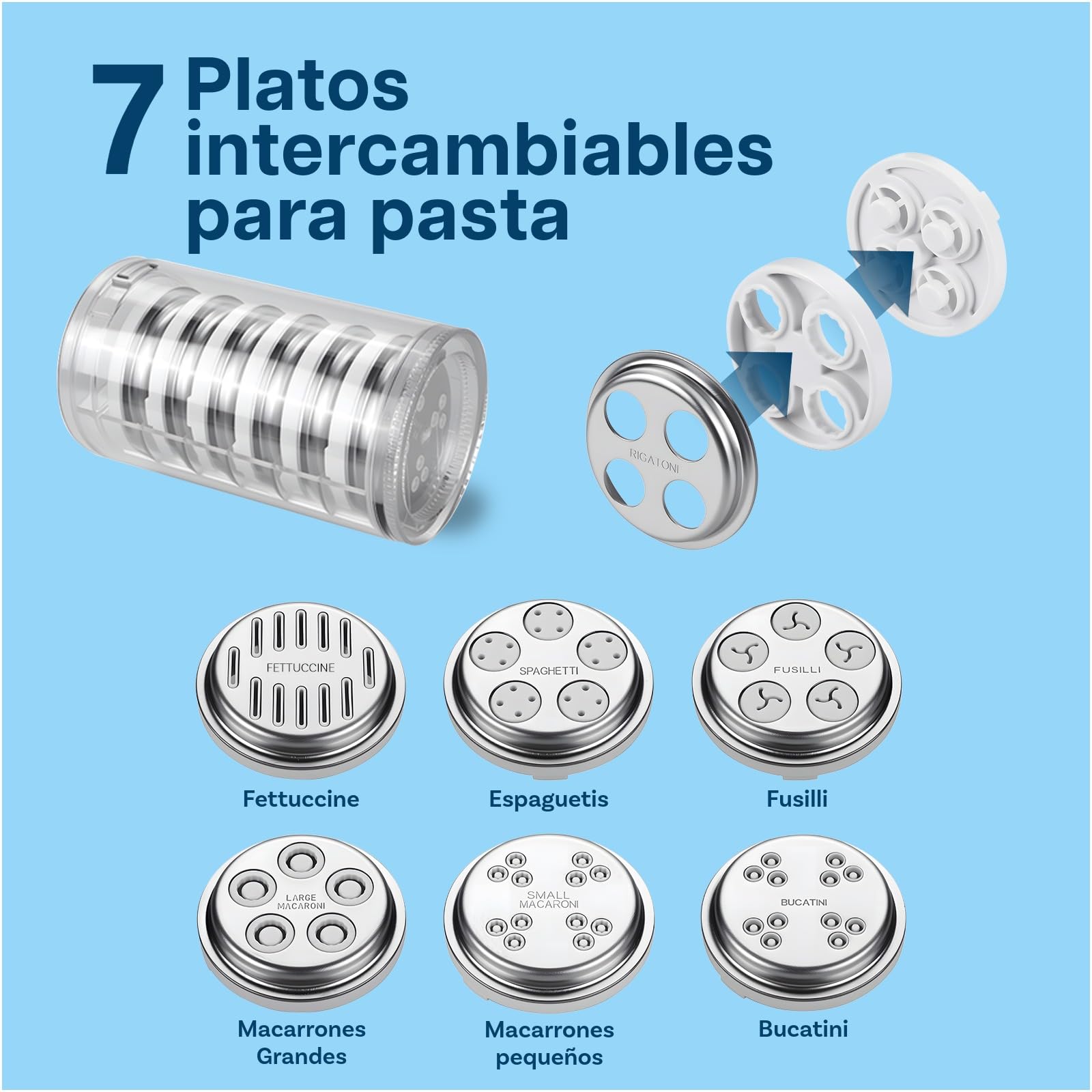 Accesorio Prensa de Pasta para KitchenAid Batidoras de MMOBIEL – Máquina para Hacer Pasta con 7-in-1 Placas Intercambiables para Fusilli, Rigatoni, Espagueti, Bucatini, Fettuccine y Macarrones