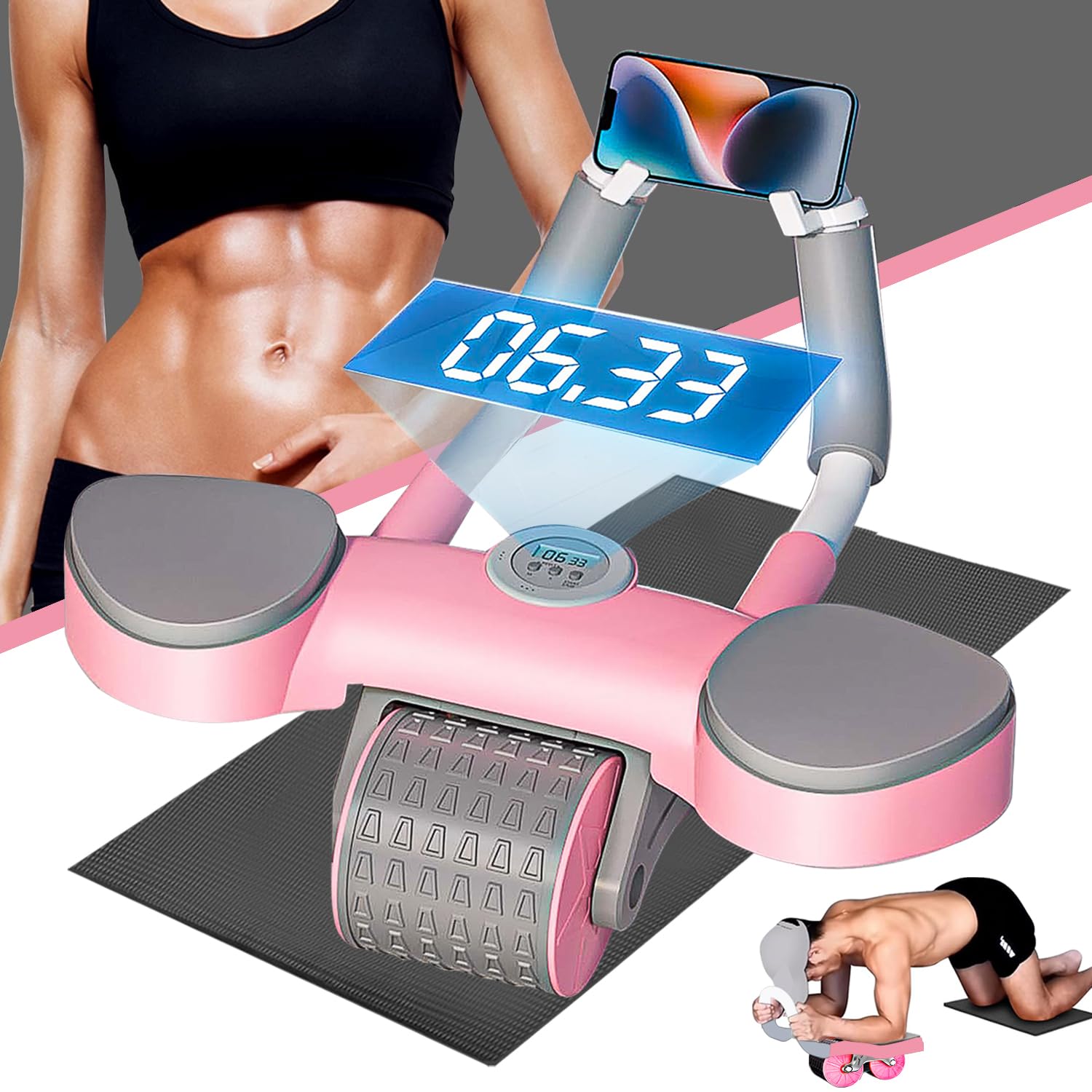 Automatic Rebound Ab Abdominal Exercise Roller Wheel,Abs Roller Wheel Core Exercise Equipment with Elbow Support and Timer for Men Women