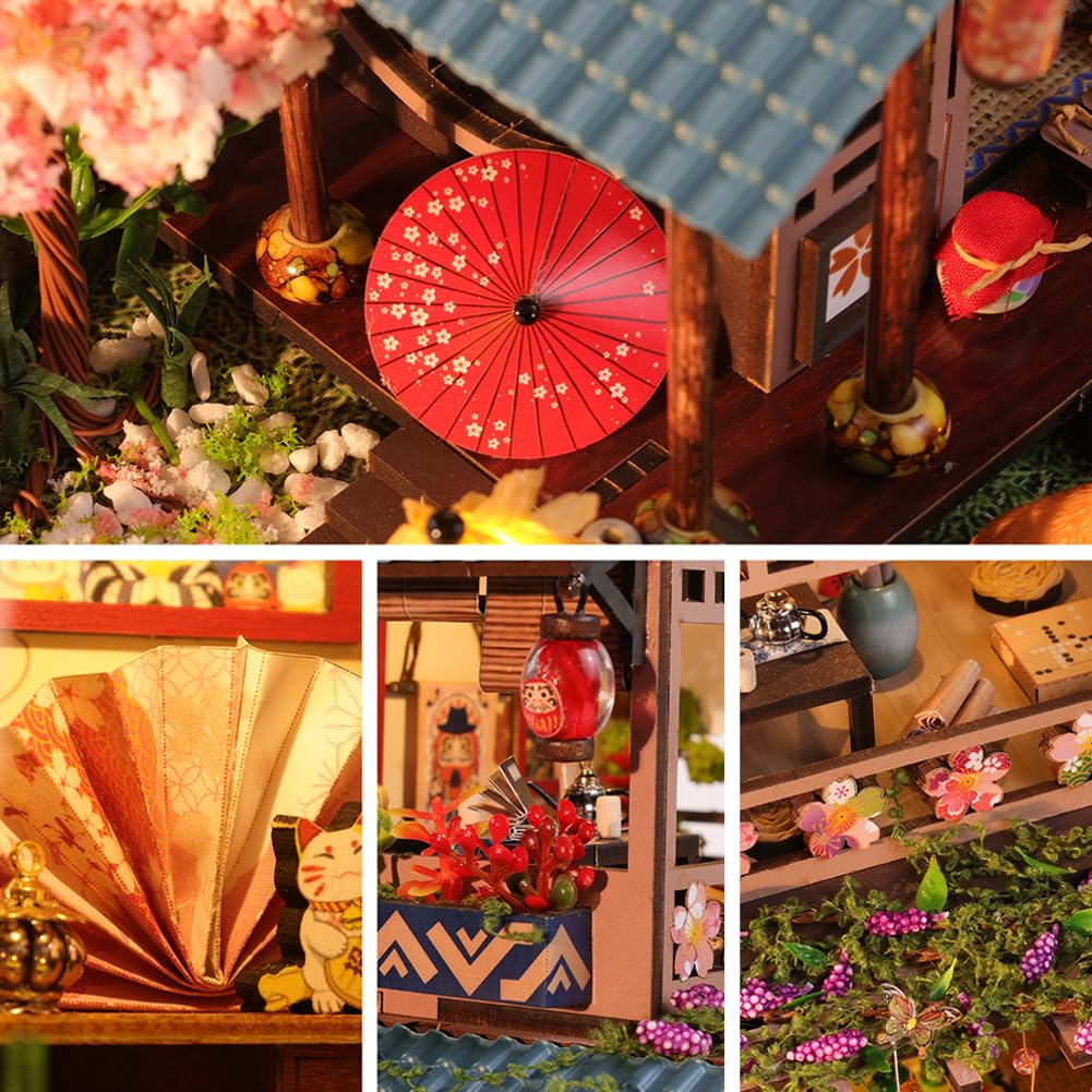 Casa delle bambole fai da te in miniatura, modello puzzle da giardino in legno, villa giapponese a due piani con mobili e luce LED, compleanno creativo