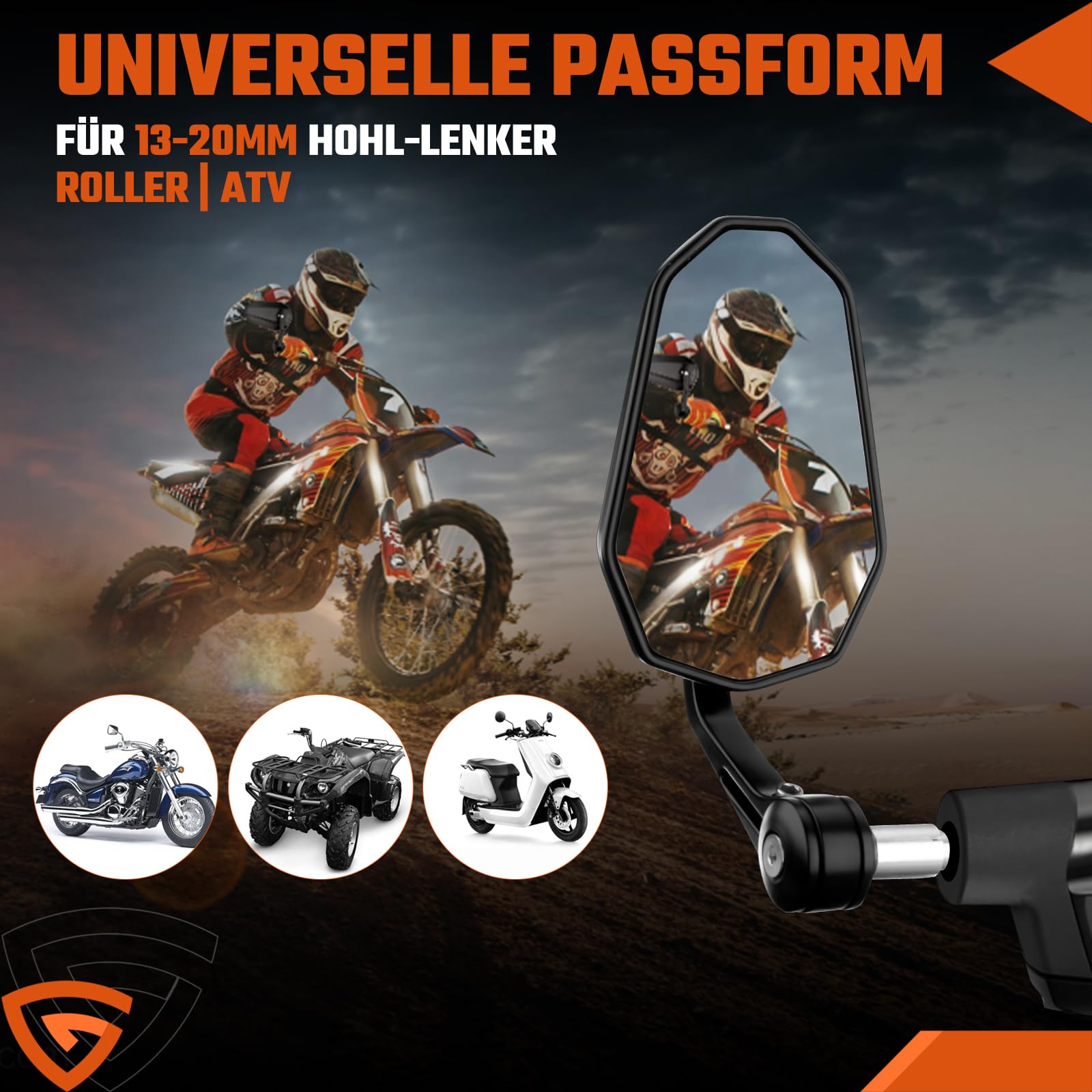 GEARMONSTER Lusterko motocyklowe z certyfikatem E, 360°, 2 sztuki | Lusterko wsteczne do motocykla, obracane o 360°, aluminium CNC, uniwersalne, skutery, quady, koniec kierownicy, łatwy montaż