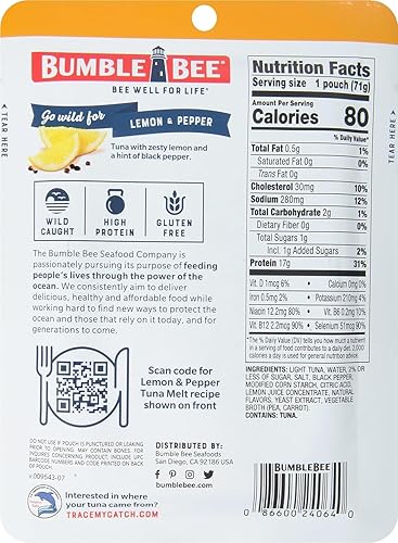 Miniatura 59 de Bumble Bee Atún sazonado con limón y pimienta, bolsas de 2.5 onzas (paquete de 12), listo para comer, bolsa de atún capturado en la naturaleza, 0.60